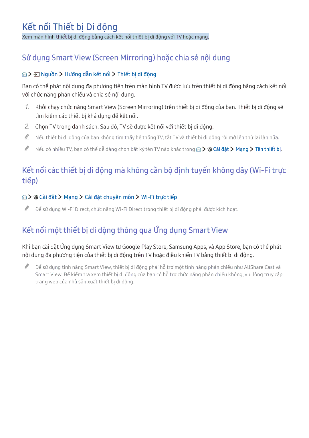Samsung UA49KS7000KXXV manual Kết nối Thiết bị Di động, Sử dụng Smart View Screen Mirroring hoặ̣c chia sẻ nội dung 