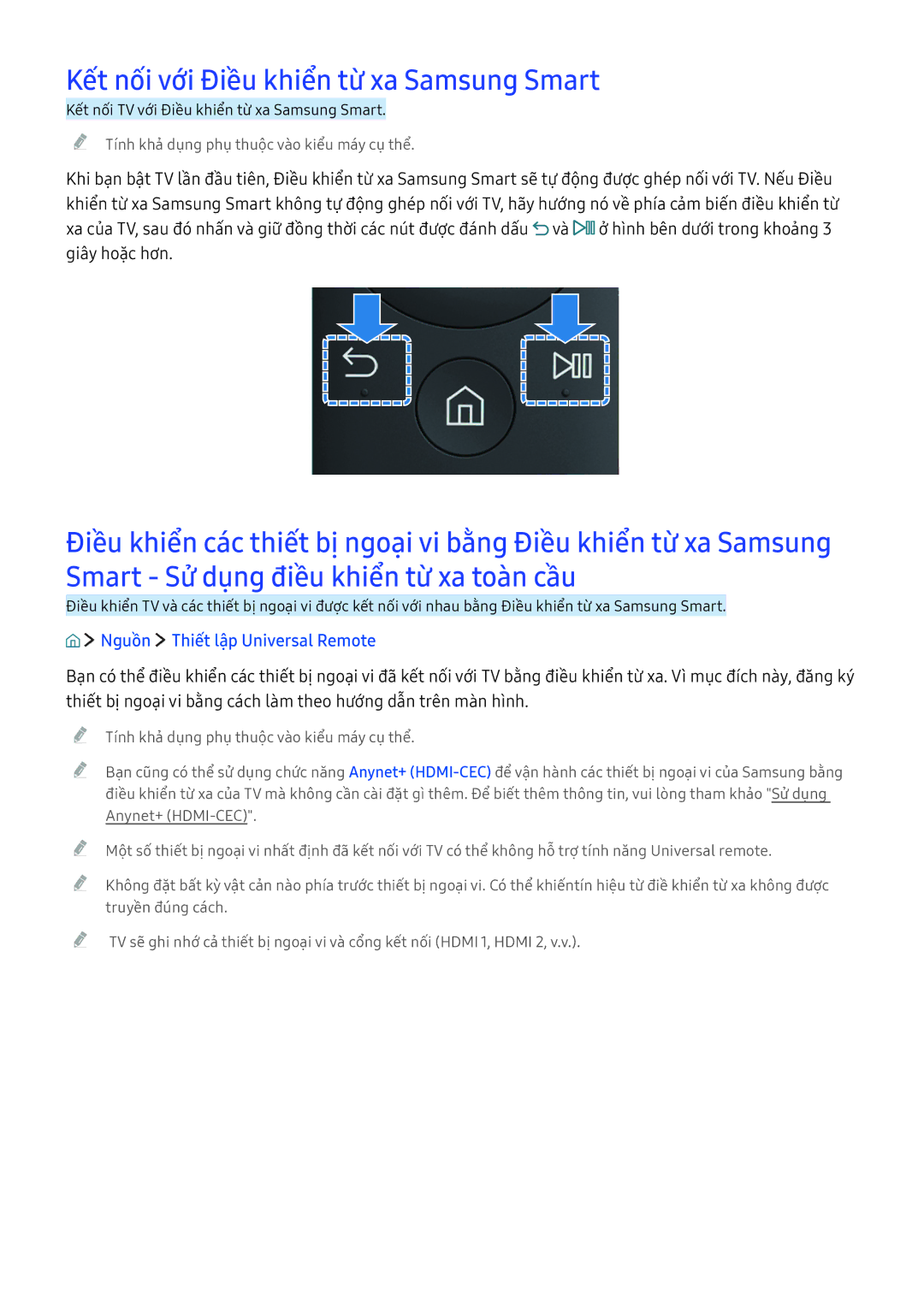 Samsung UA60KS7000KXXV, UA70KU6000KXXV manual Kết nối với Điều khiển từ xa Samsung Smart, Nguồn Thiết lập Universal Remote 