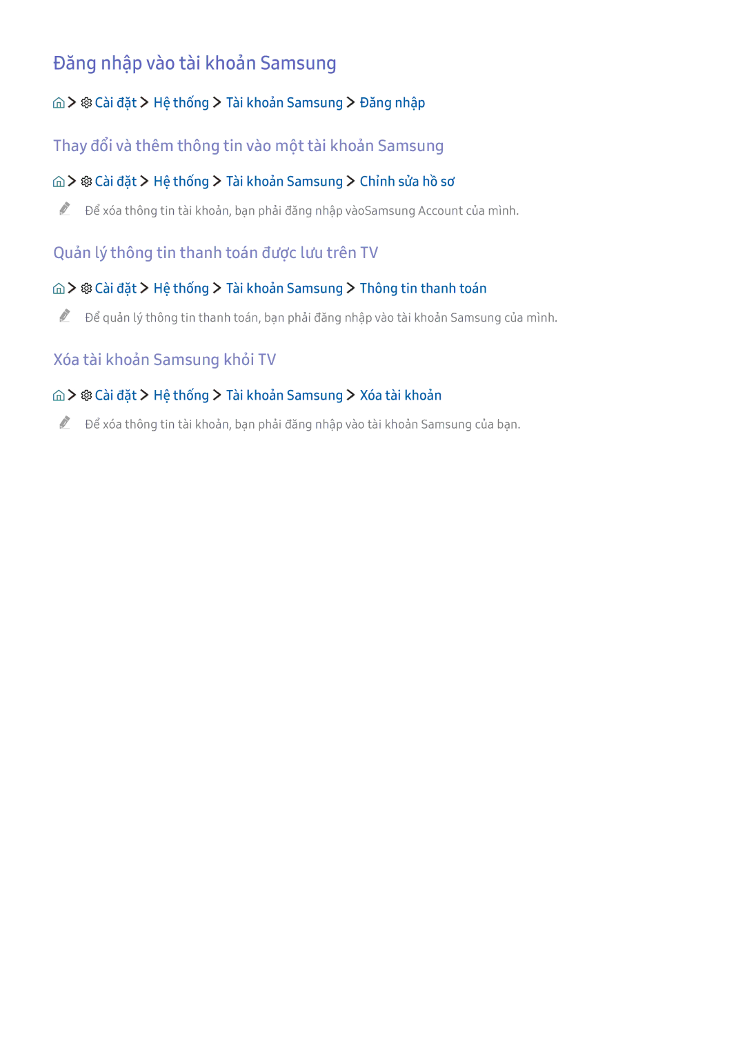 Samsung UA78KU6500KXXV manual Đăng nhập vào tài khoản Samsung, Thay đổi và thêm thông tin vào một tài khoản Samsung 