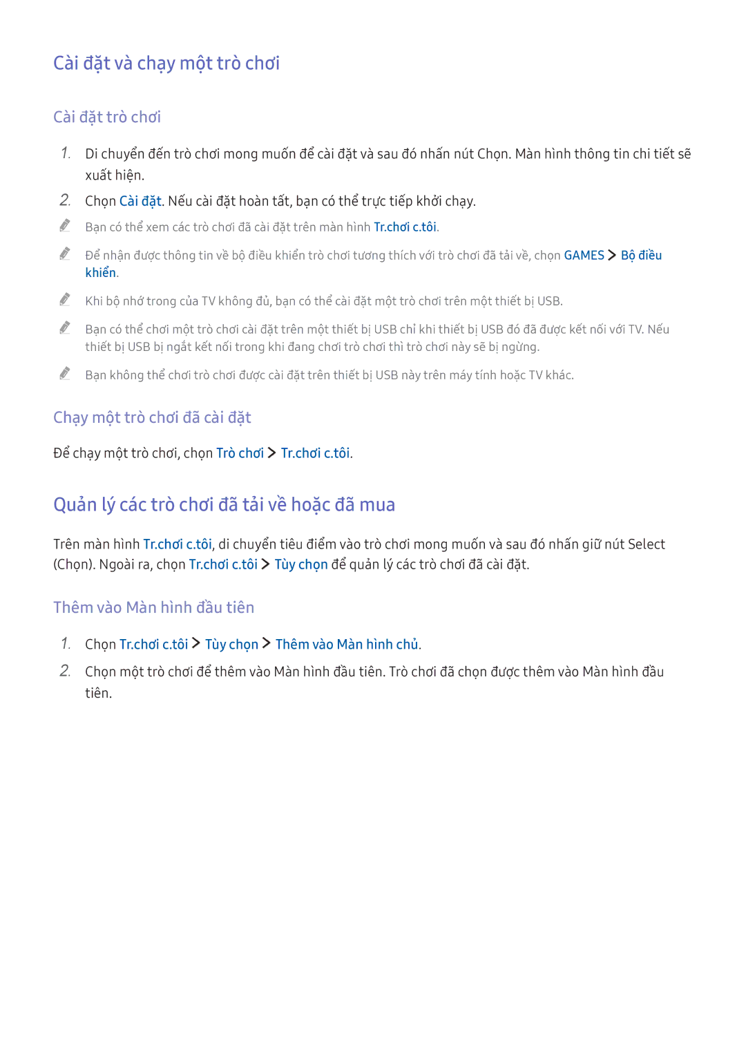 Samsung UA55KS7000KXXV manual Cài đặ̣t và chạy một trò chơi, Quản lý các trò chơi đã tải về hoặ̣c đã mua, Cài đặ̣t trò chơi 