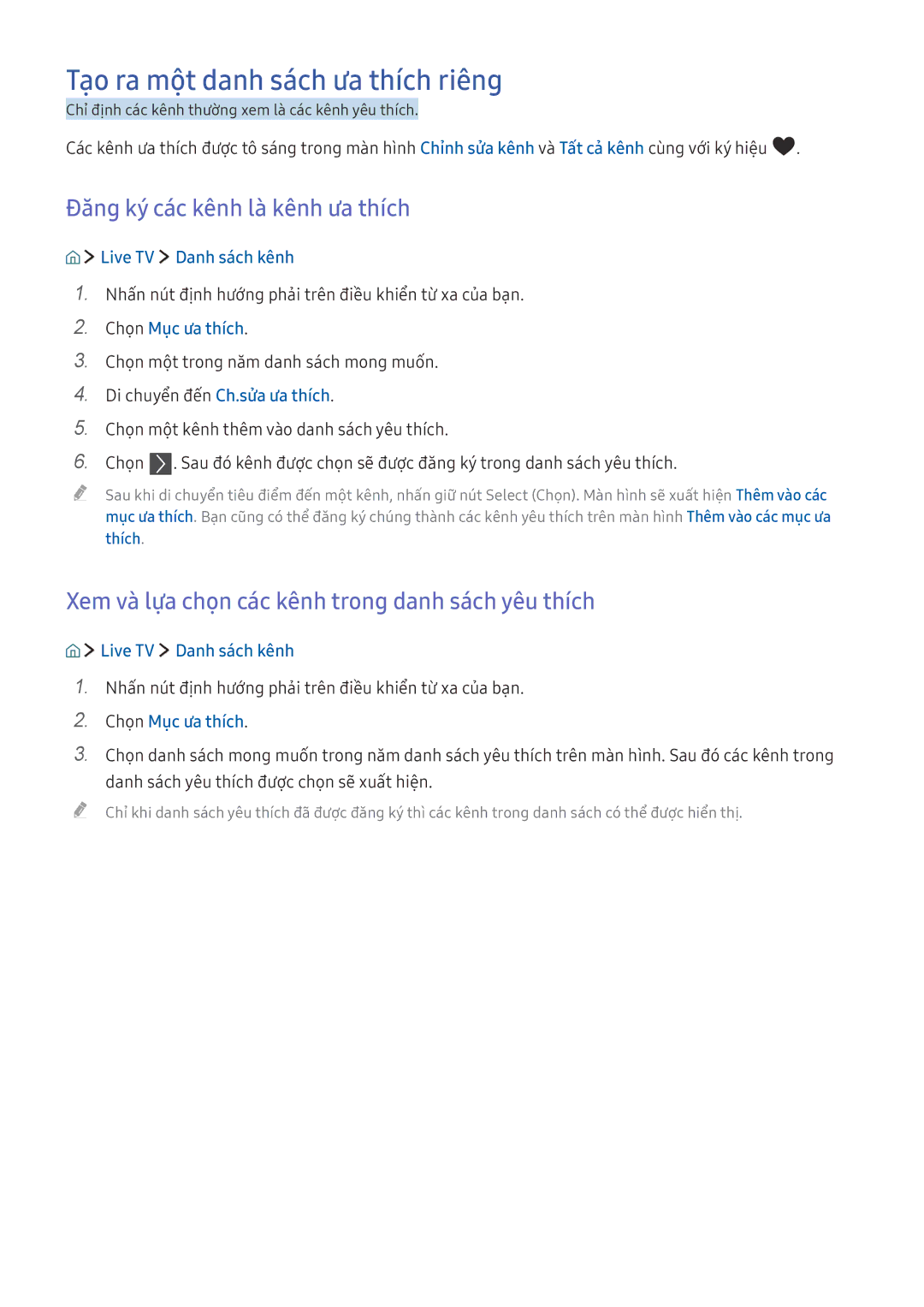 Samsung UA55KU6500KXXV manual Tạo ra một danh sách ưa thích riêng, Đăng ký các kênh là kênh ưa thích, Chọn Mục ưa thích 