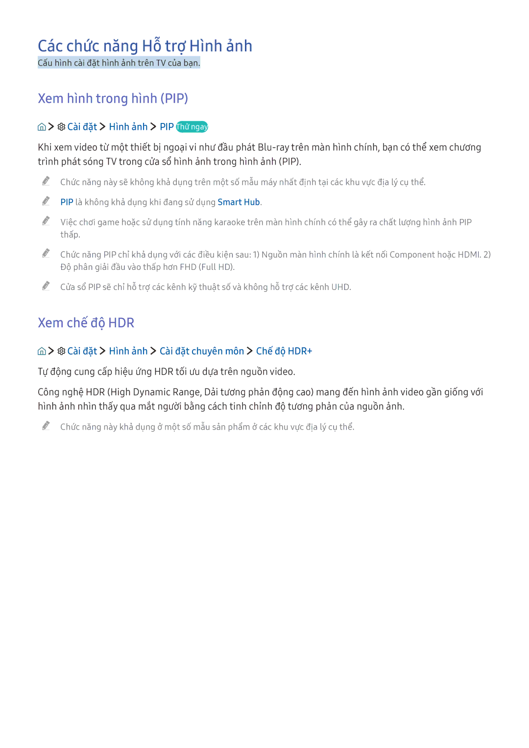 Samsung UA78KU6500KXXV, UA70KU6000KXXV manual Các chức năng Hỗ trợ Hình ảnh, Xem hình trong hình PIP, Xem chế độ HDR 