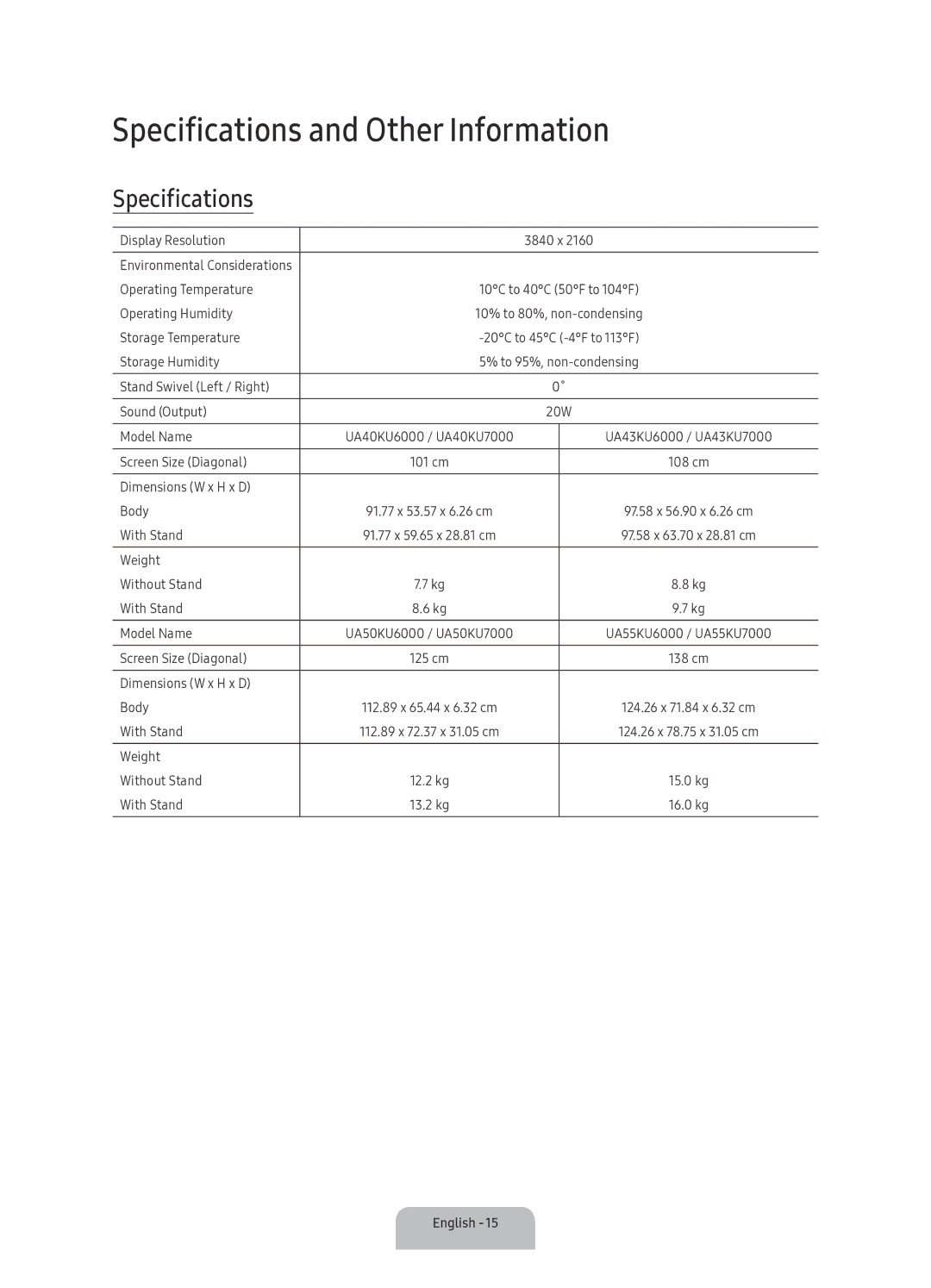 Samsung UA70KU6000KXXV manual Specifications and Other Information 