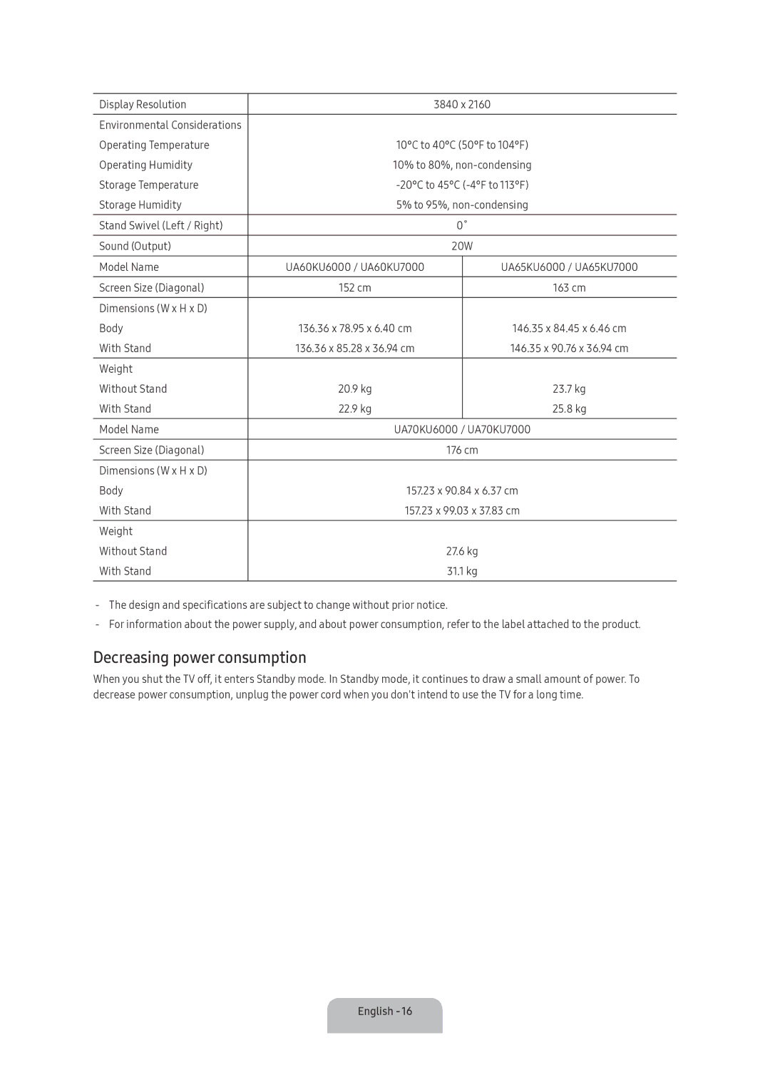 Samsung UA70KU6000KXXV manual Decreasing power consumption 