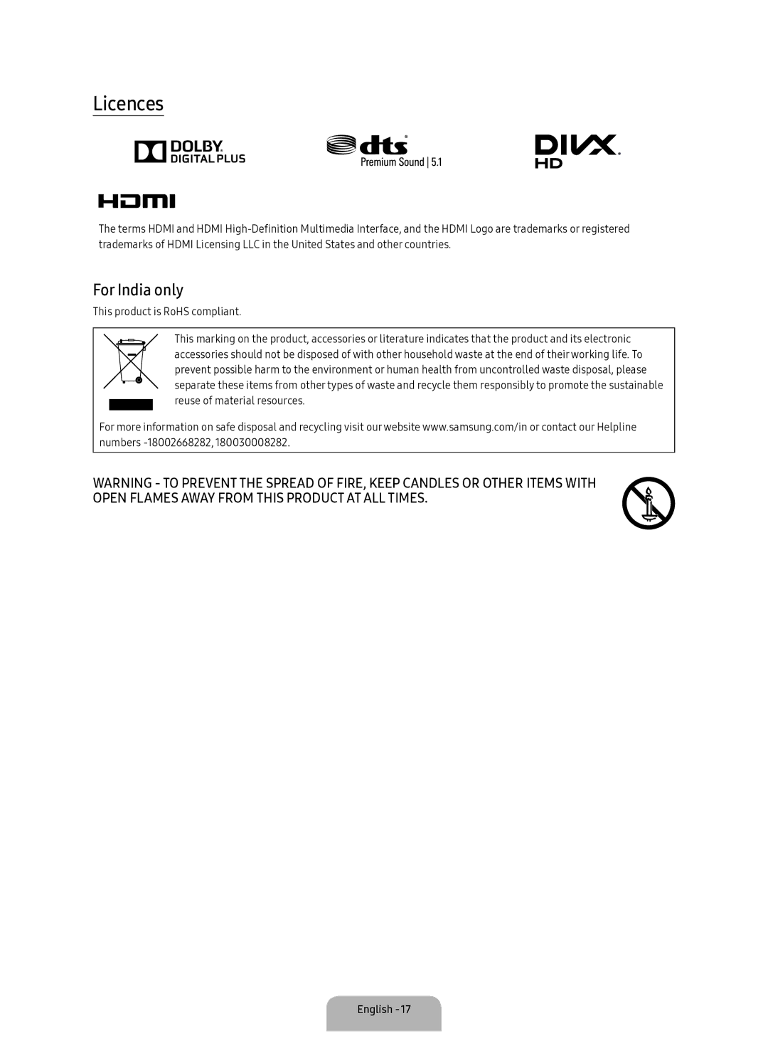 Samsung UA70KU6000KXXV manual Licences, For India only 