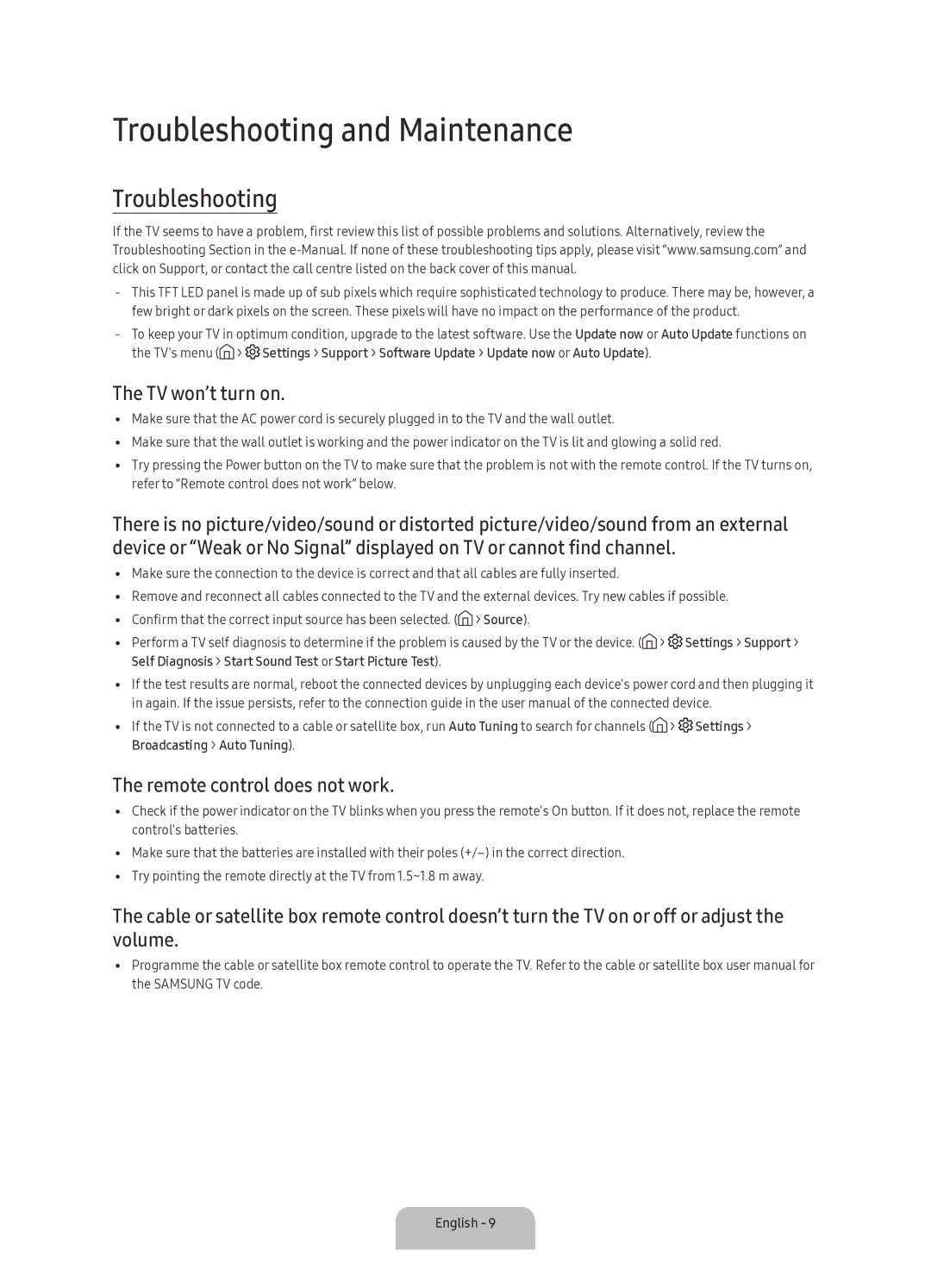 Samsung UA70KU6000KXXV manual Troubleshooting and Maintenance, TV won’t turn on, Remote control does not work 