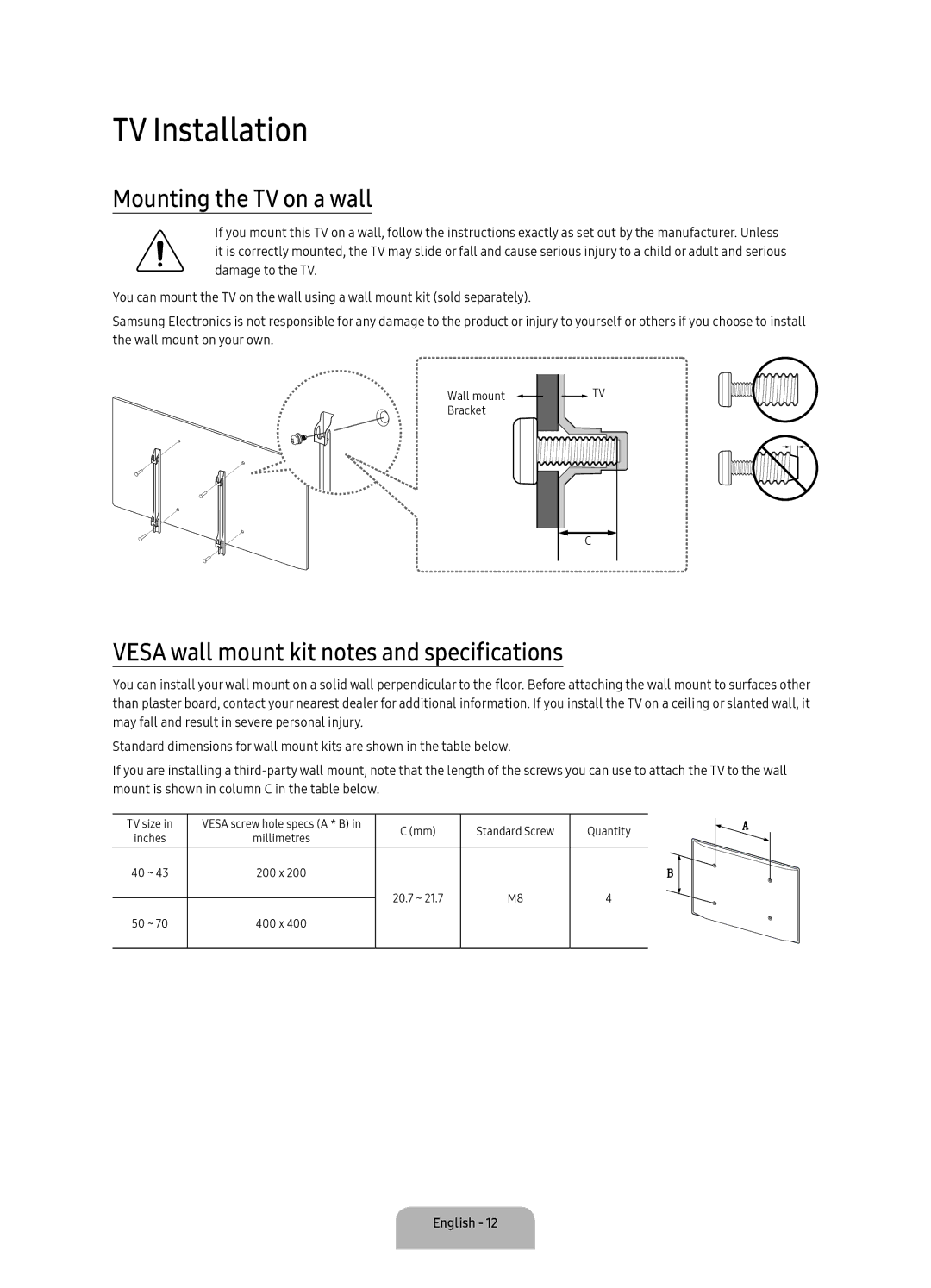 Samsung UA70KU7000RXUM manual TV Installation, Mounting the TV on a wall, Vesa wall mount kit notes and specifications 