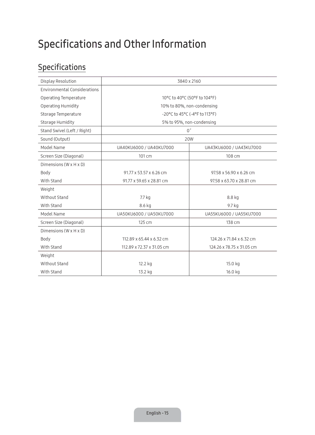 Samsung UA70KU7000RXUM manual Specifications and Other Information 