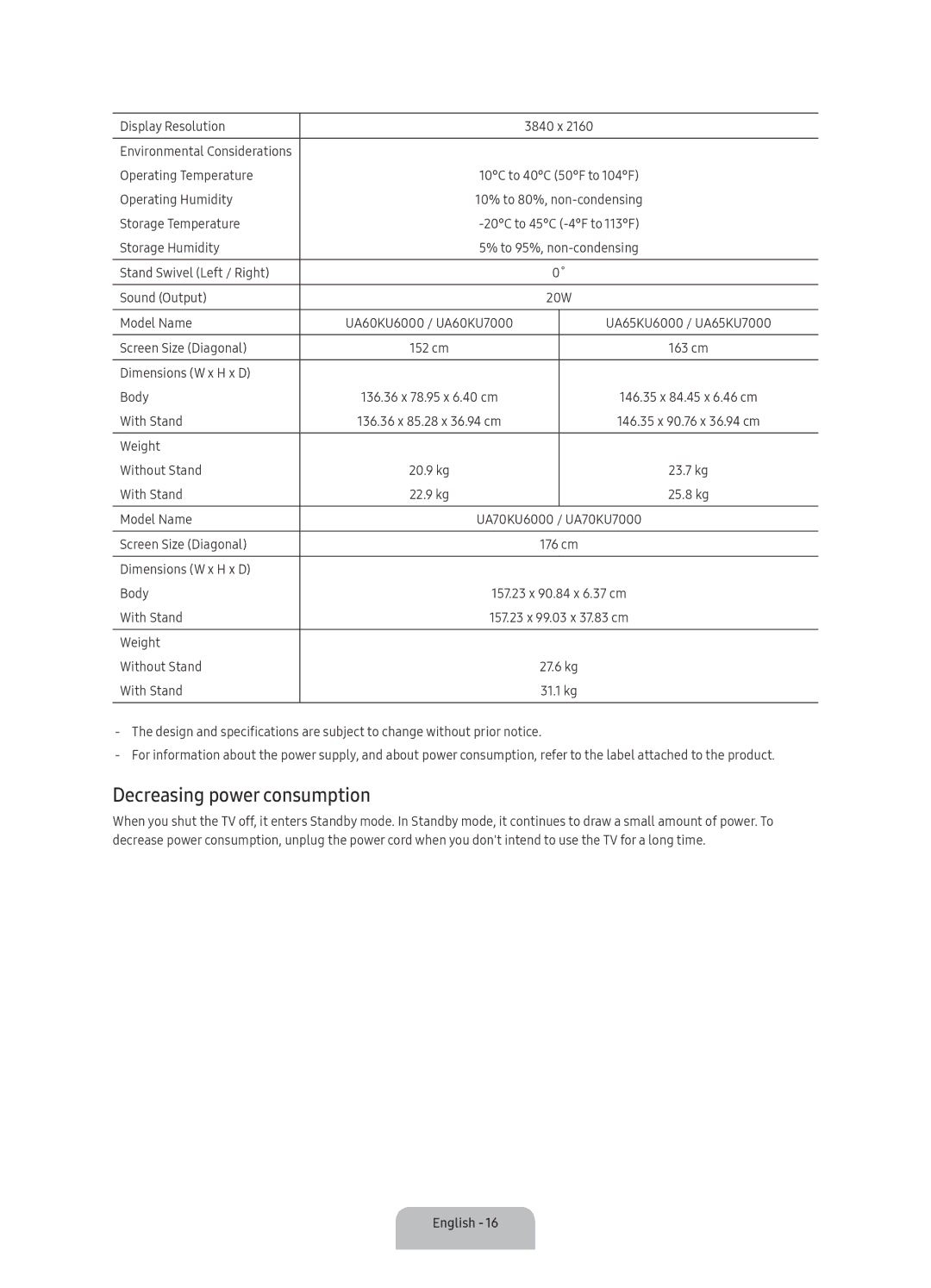 Samsung UA70KU7000RXUM manual Decreasing power consumption 