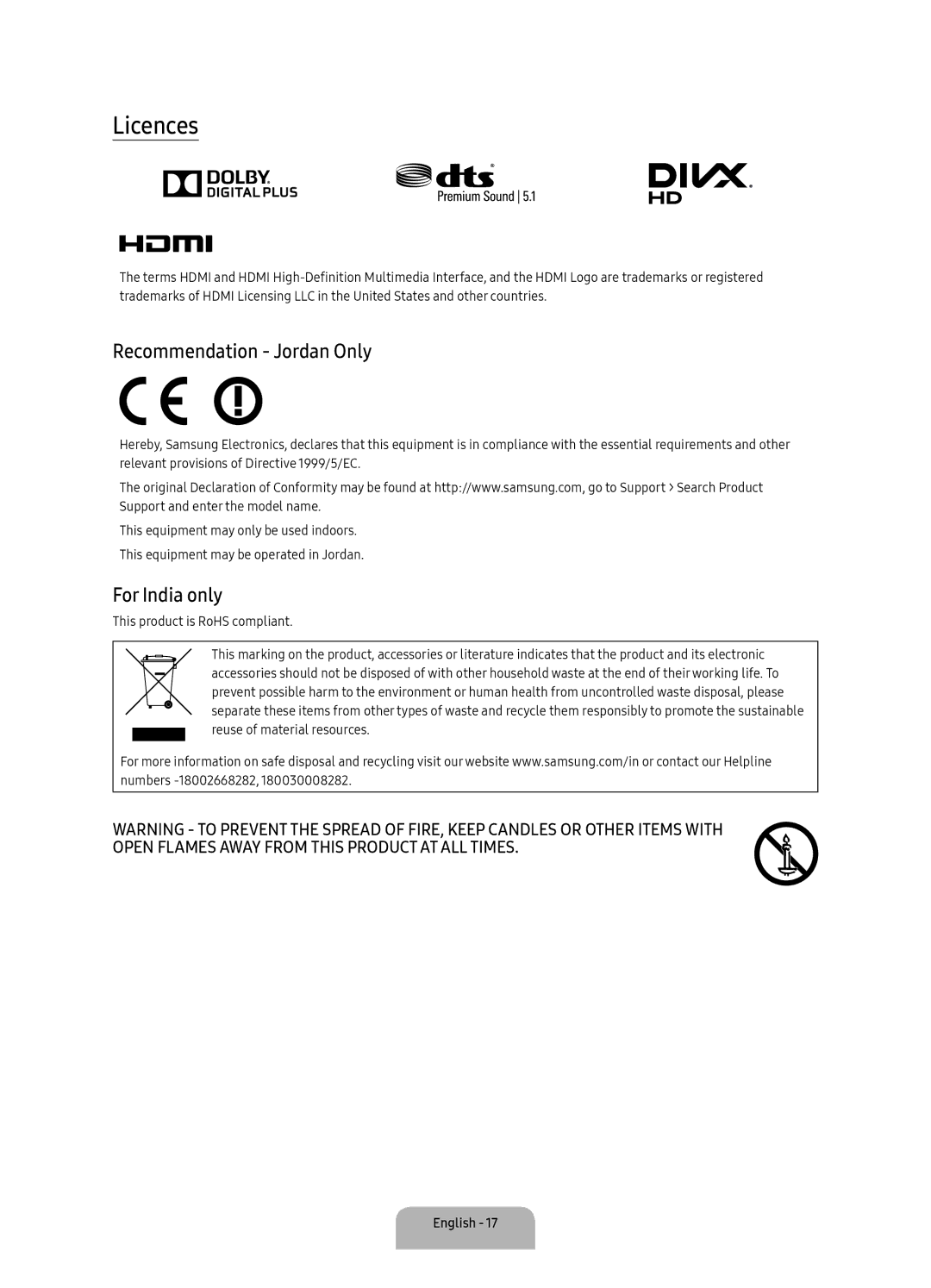 Samsung UA70KU7000RXUM manual Licences, Recommendation Jordan Only, For India only 