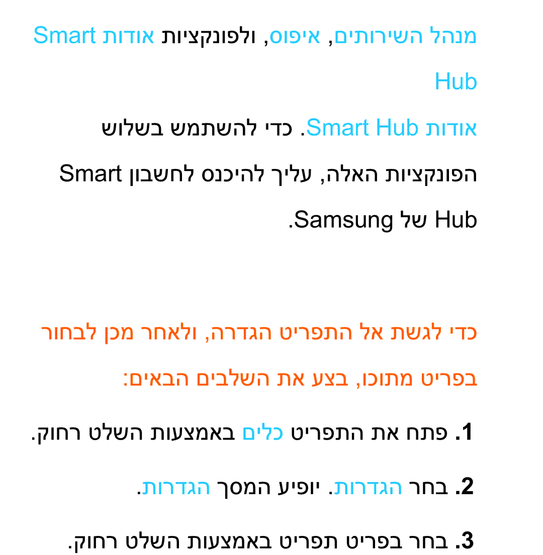 Samsung UA75ES9000RXZN manual Smart ןובשחל סנכיהל ךילע ,הלאה תויצקנופה Samsung לש Hub 