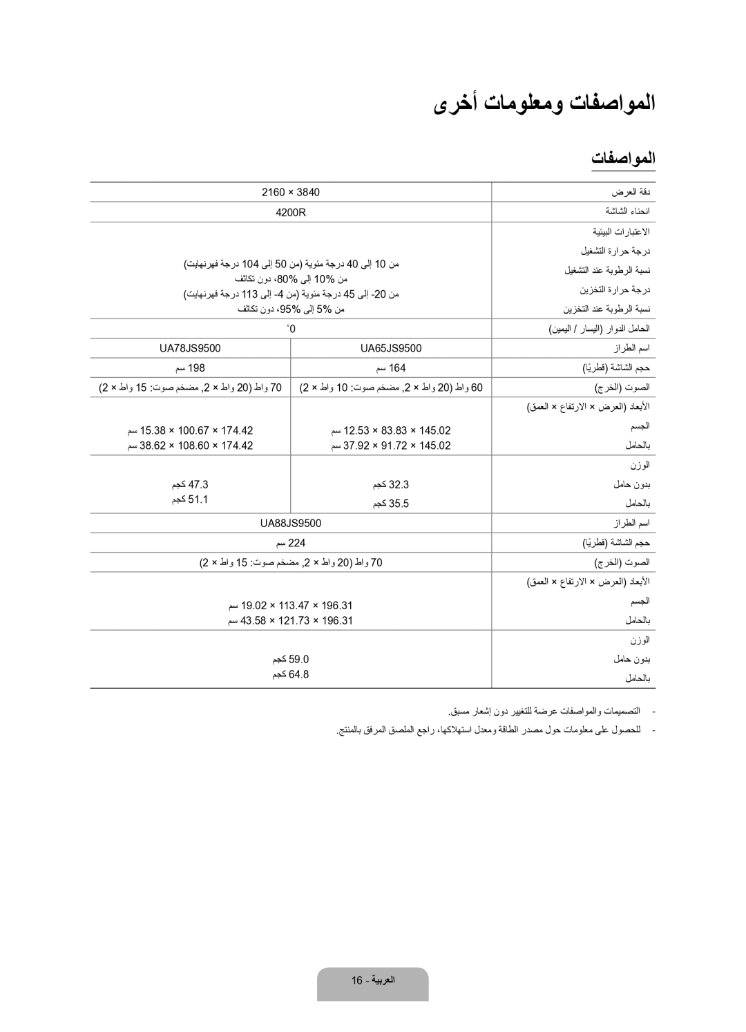 Samsung UA78JS9500RXUM manual ىرخأ تامولعمو تافصاوملا 