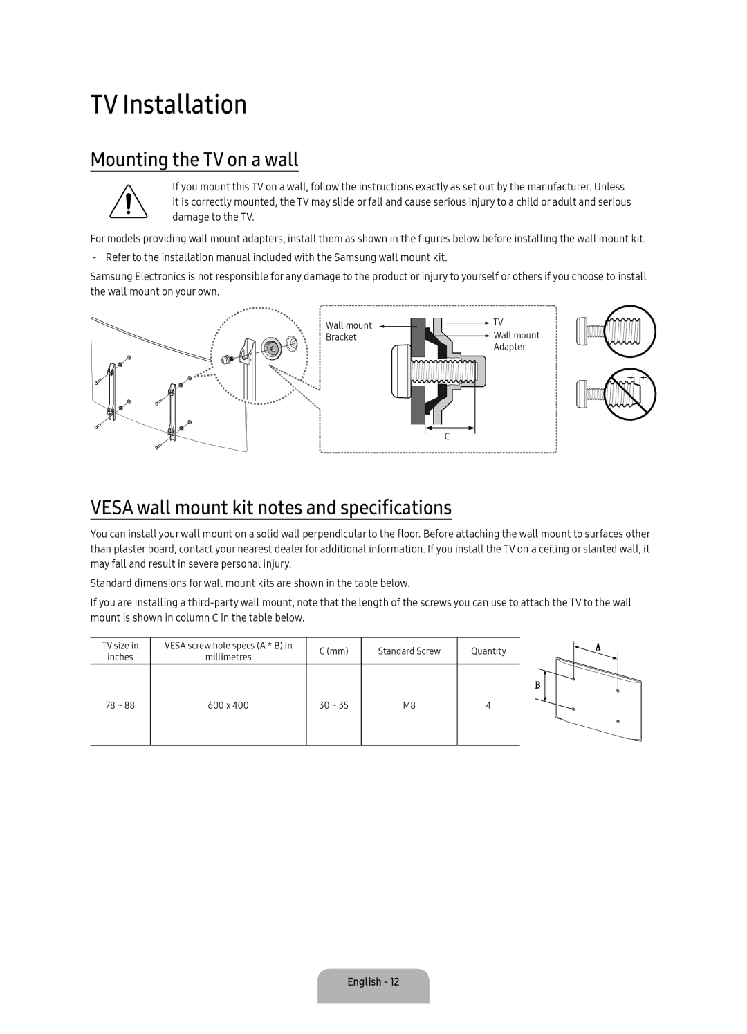 Samsung UA78KS9800KXXV manual TV Installation, Mounting the TV on a wall, Vesa wall mount kit notes and specifications 