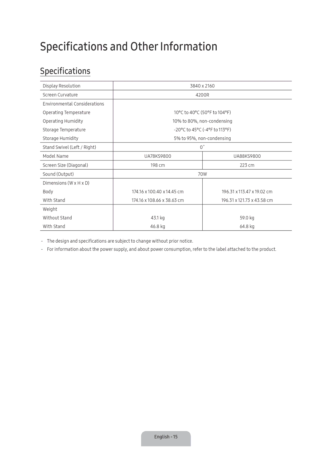 Samsung UA88KS9800KXXV, UA78KS9800KXXV manual Specifications and Other Information 