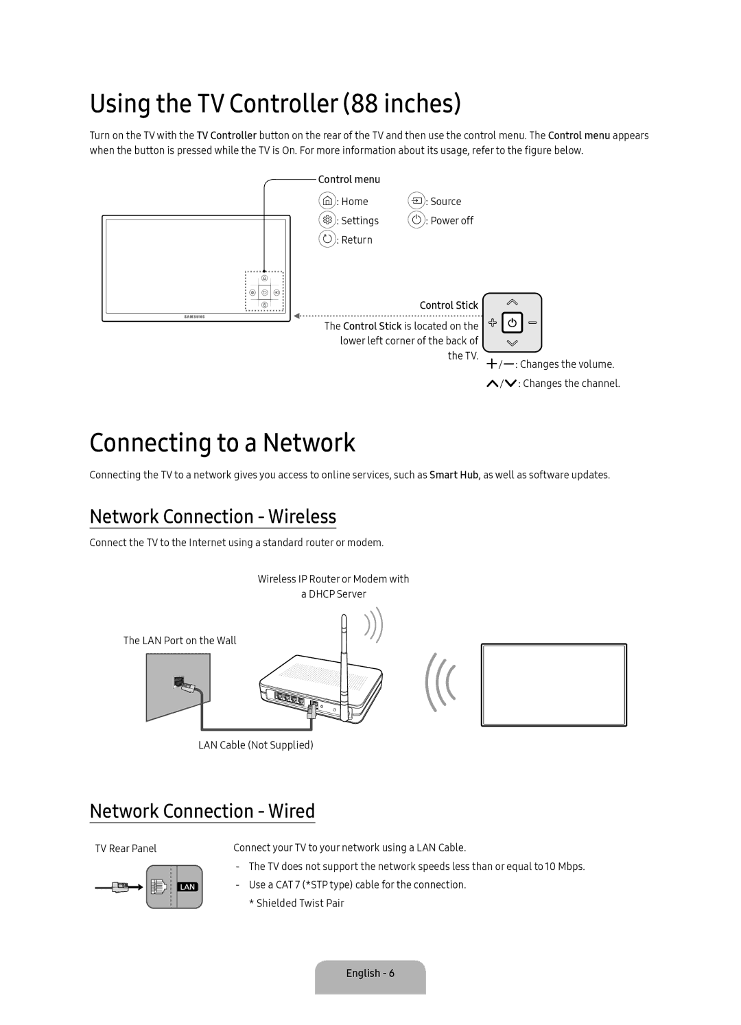 Samsung UA78KS9800KXXV manual Using the TV Controller 88 inches, Connecting to a Network, Network Connection Wireless 