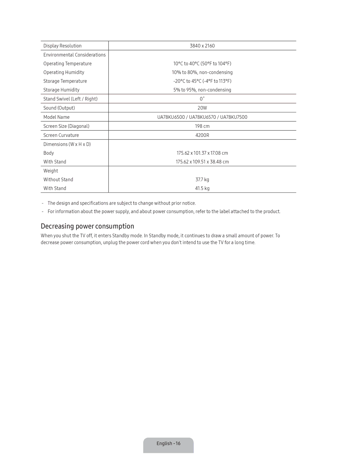 Samsung UA78KU6500KXXV manual Decreasing power consumption 