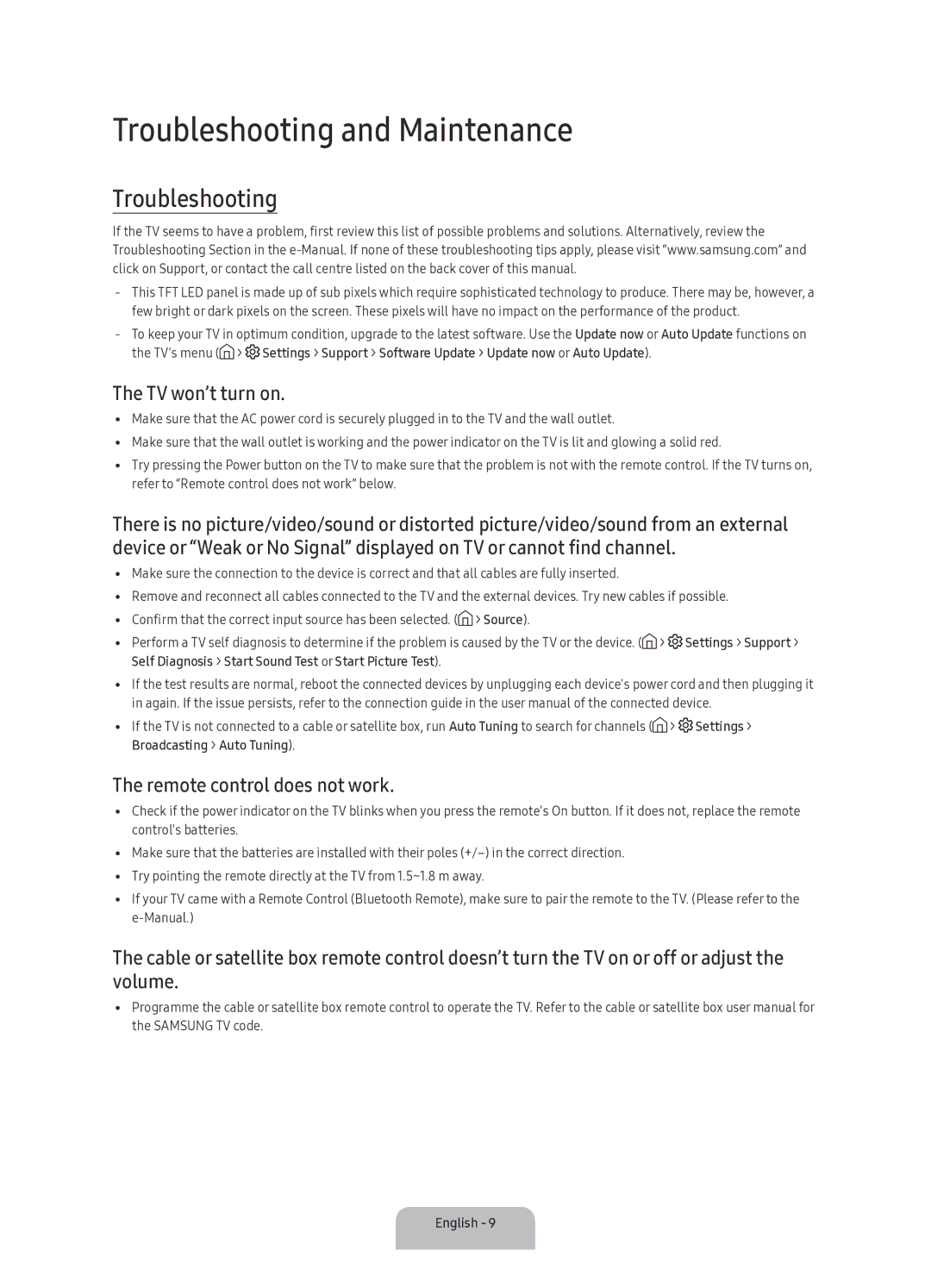 Samsung UA78KU6500KXXV manual Troubleshooting and Maintenance, TV won’t turn on, Remote control does not work 