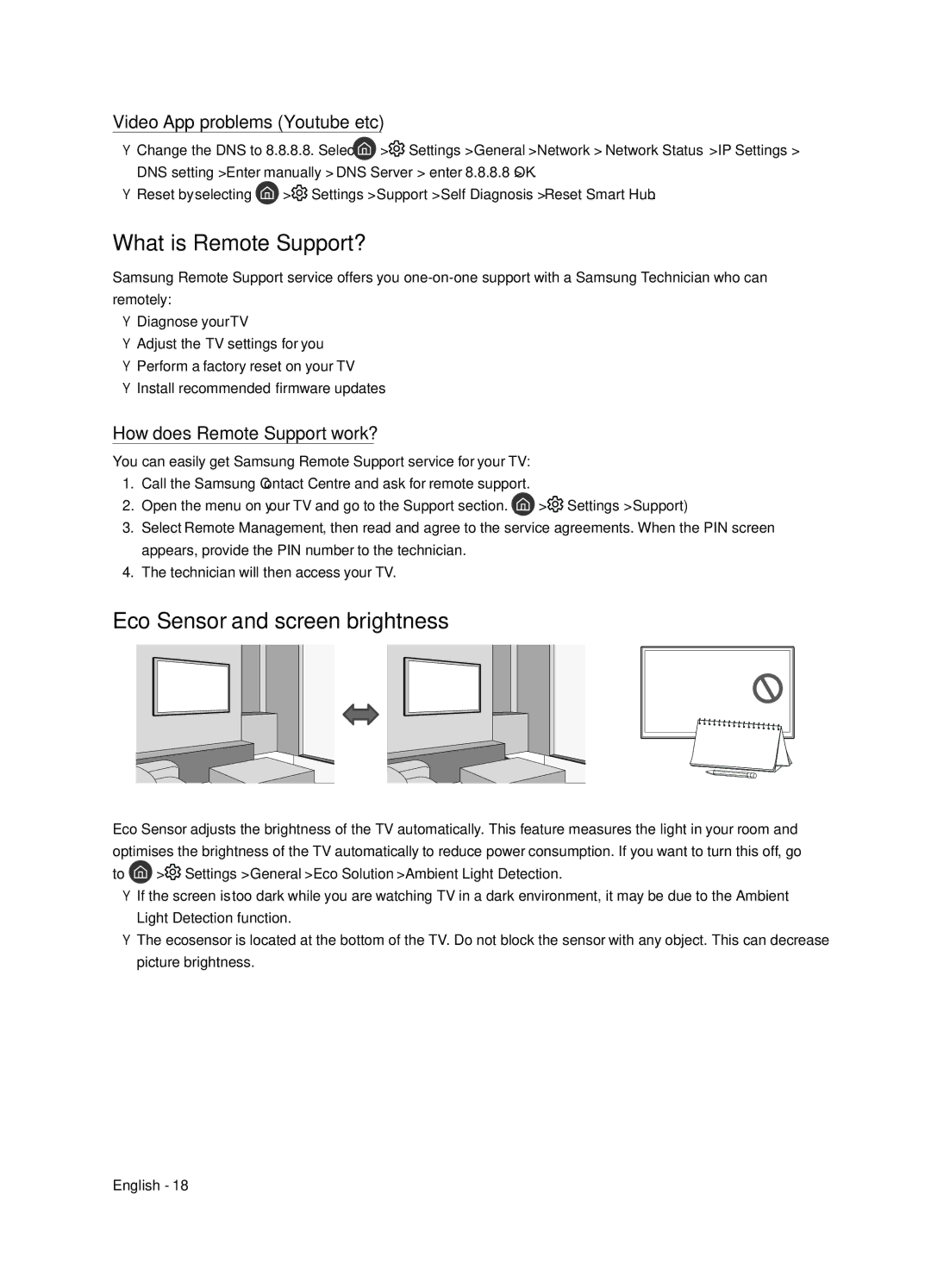 Samsung UA55NU8000KXXV manual What is Remote Support?, Eco Sensor and screen brightness, Video App problems Youtube etc 