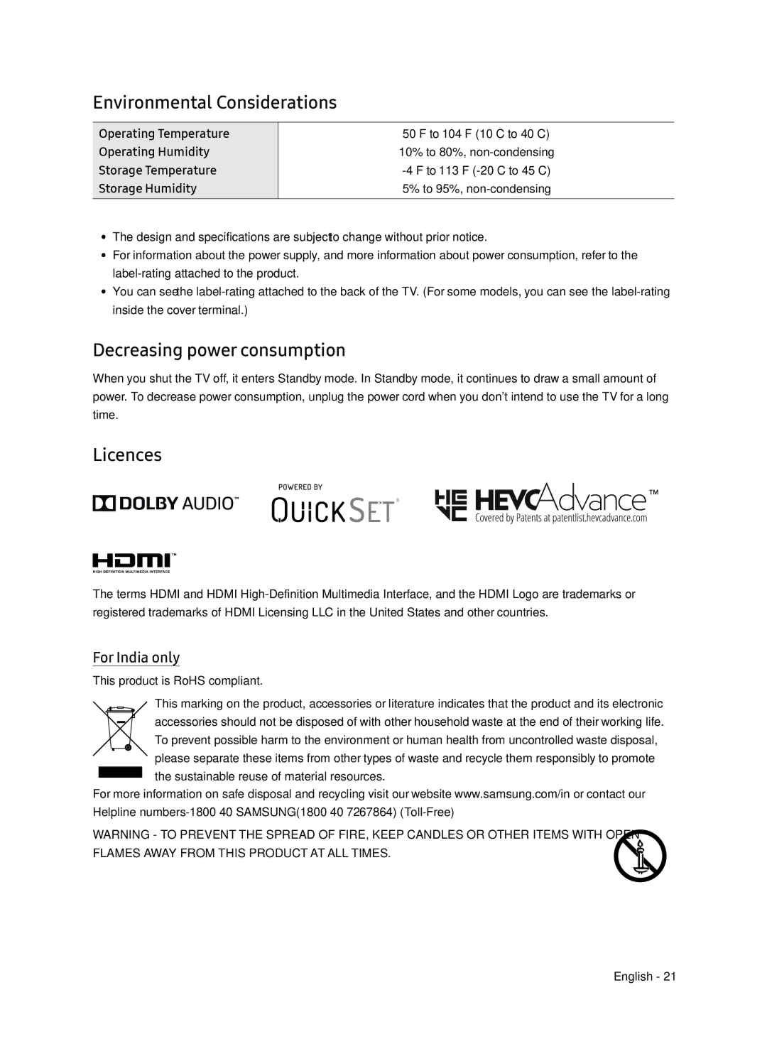 Samsung UA65NU8000KXXV manual Environmental Considerations, Decreasing power consumption, Licences, For India only 