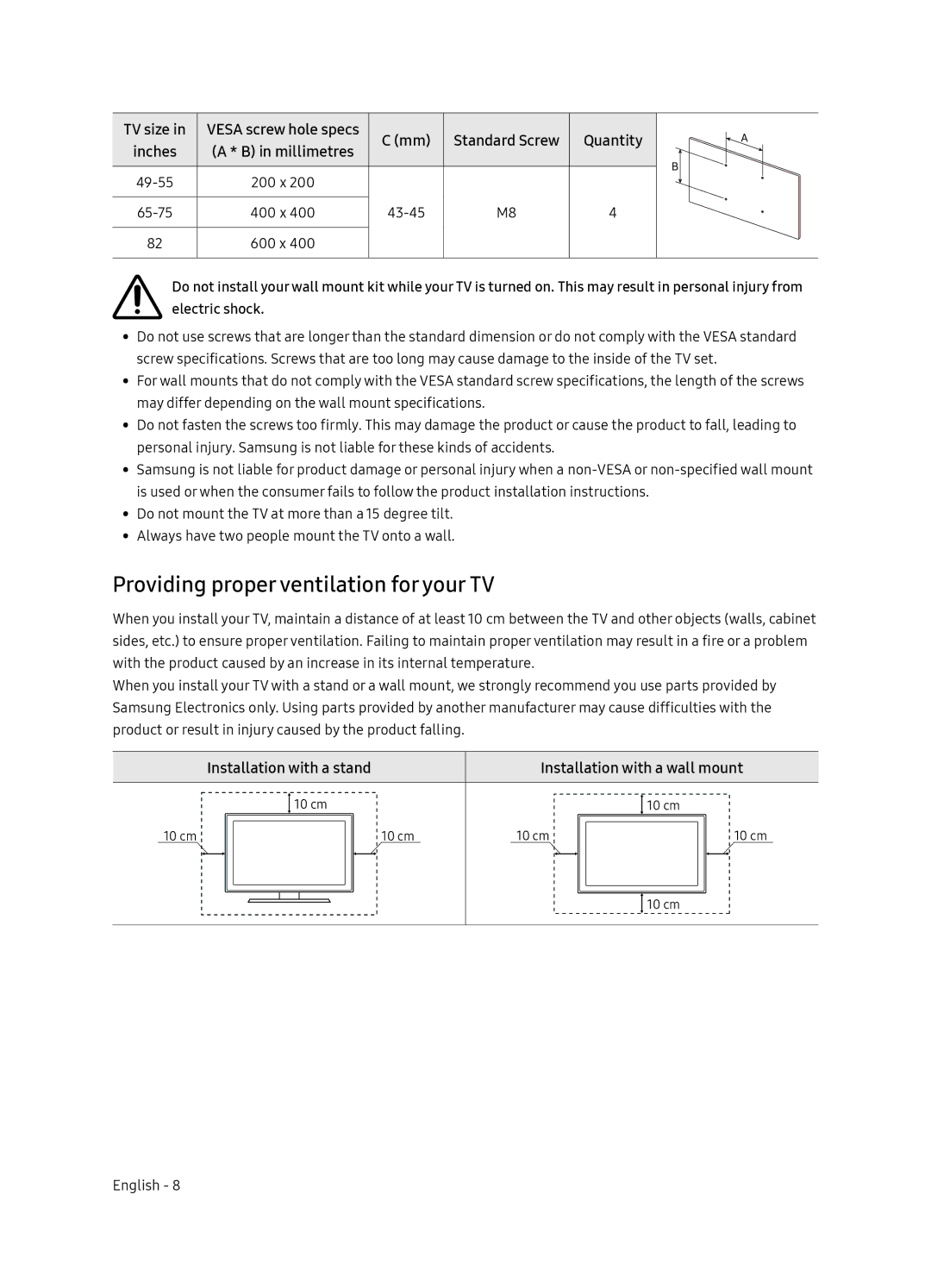 Samsung UA82NU8000KXXV, UA65NU8000KXXV, UA55NU8000KXXV, UA75NU8000KXXV manual Providing proper ventilation for your TV 