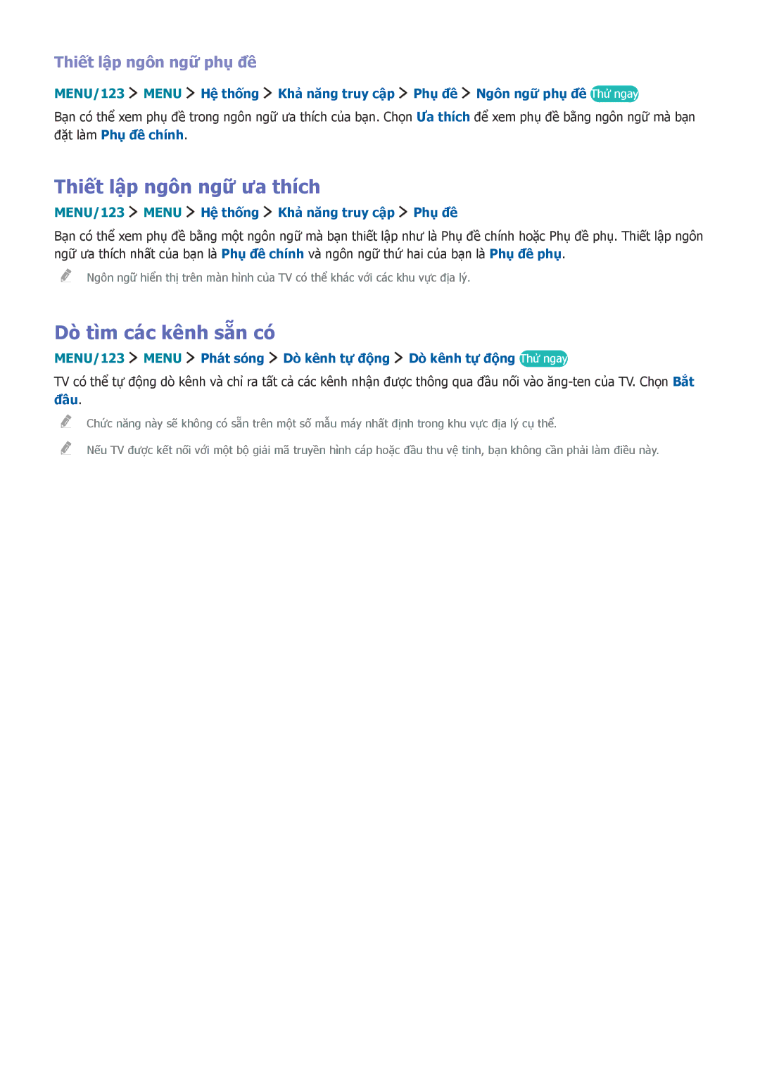 Samsung UA78JS9500KXXV, UA88JS9500KXXV manual Thiết lập ngôn ngữ ưa thích, Dò tìm các kênh sẵn có, Thiết lập ngôn ngữ phụ đề 