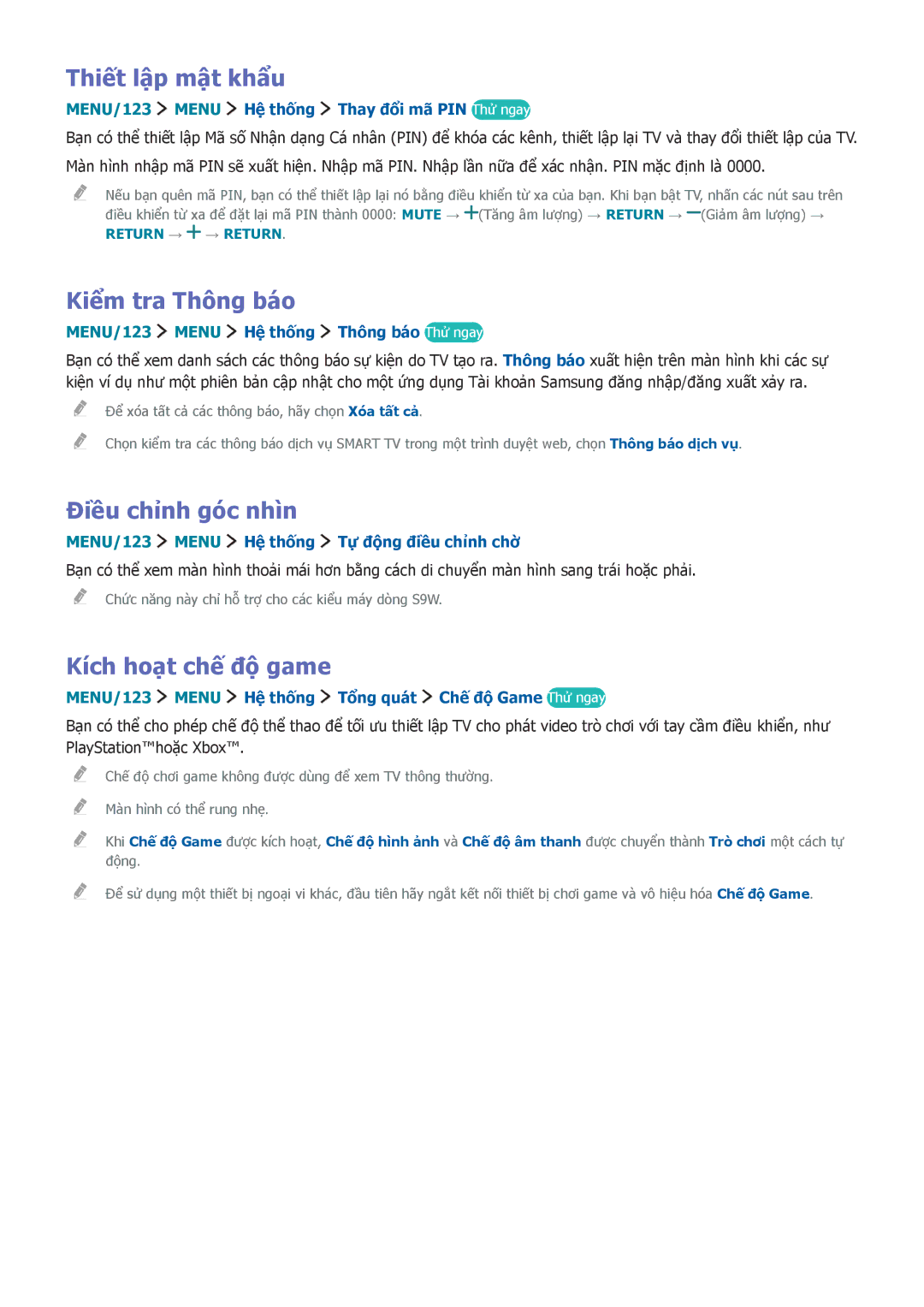 Samsung UA88JS9500KXXV, UA65JS9500KXXV Thiết lập mật khẩu, Kiểm tra Thông bao, Điều chỉnh góc nhìn, Kích hoạt chế độ game 