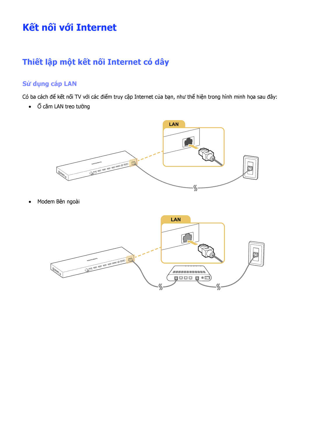 Samsung UA78JS9500KXXV manual Kết nối với Internet, Thiết lập một kết nối Internet có dây, Sử dụng cáp LAN, Modem Bên ngoài 