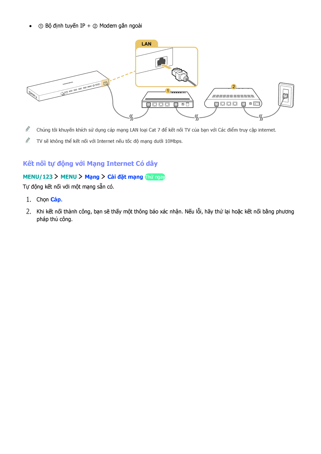 Samsung UA65JS9000KXXV, UA88JS9500KXXV Kết nối tự động với Mạng Internet Có dây, ① Bộ định tuyến IP + ② Modem gắn ngoài 