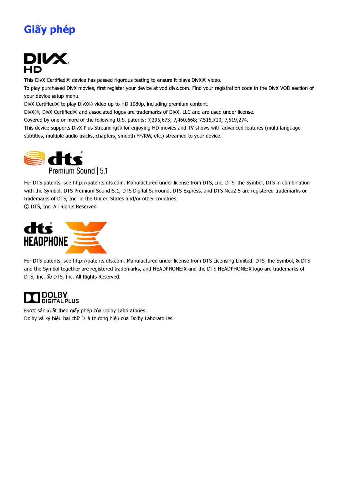 Samsung UA78JS9500KXXV, UA88JS9500KXXV, UA65JS9500KXXV, UA55JS9000KXXV, UA65JS9000KXXV manual Giấy phé́p 