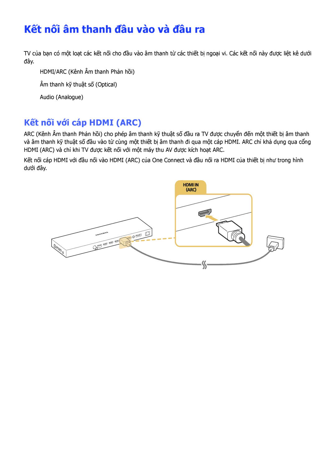 Samsung UA65JS9000KXXV, UA88JS9500KXXV, UA65JS9500KXXV manual Kết nối âm thanh đầu vào và đầu ra, Kết nối với cáp Hdmi ARC 