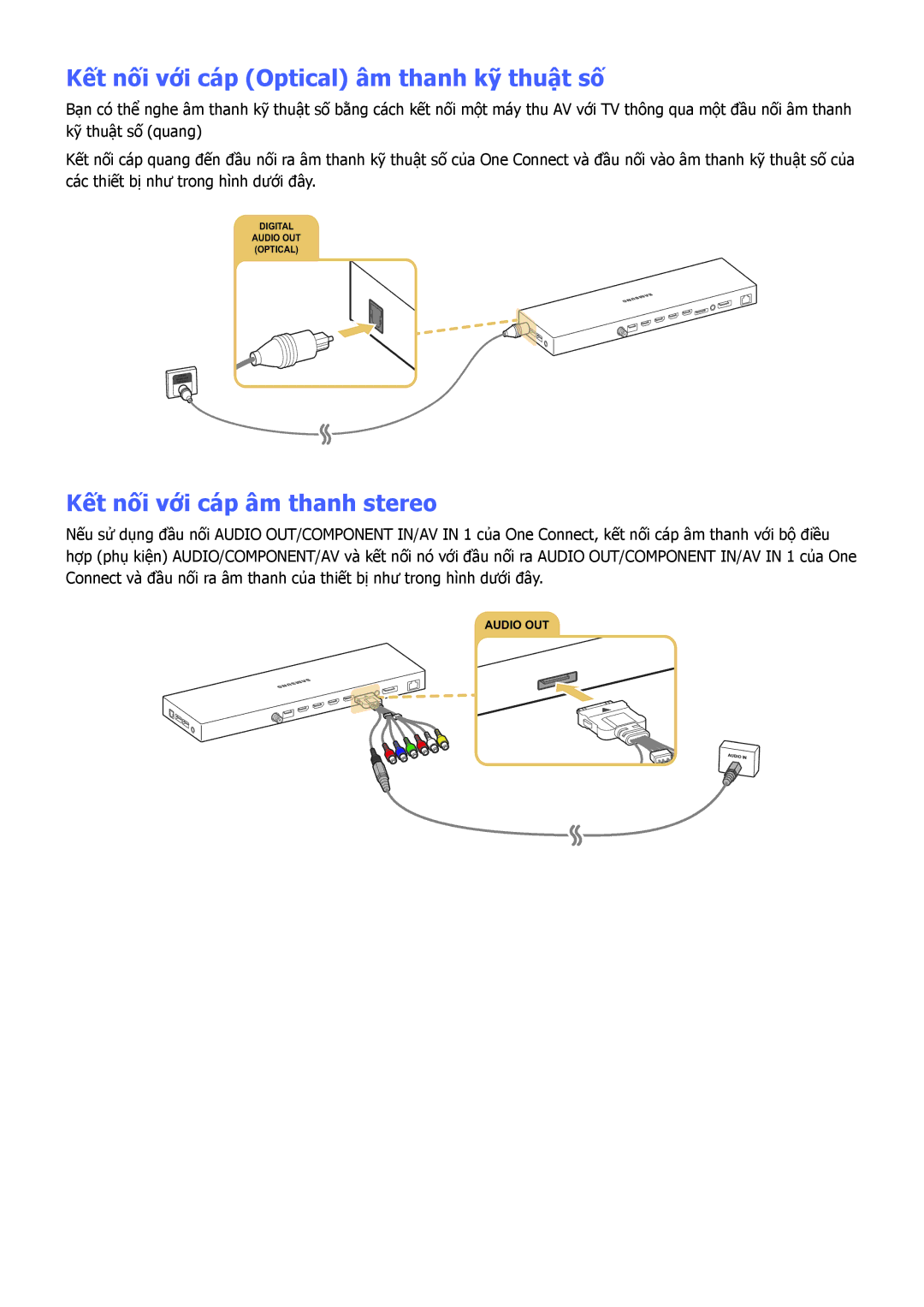 Samsung UA88JS9500KXXV, UA65JS9500KXXV manual Kết nối với cáp Optical âm thanh kỹ thuật số, Kết nối với cáp âm thanh stereo 