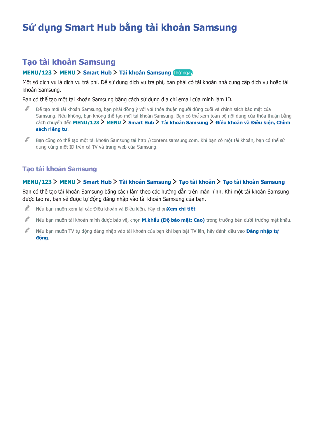 Samsung UA88JS9500KXXV, UA65JS9500KXXV, UA55JS9000KXXV manual Sử dụng Smart Hub bằng tài khoản Samsung, Tạo tài khoản Samsung 
