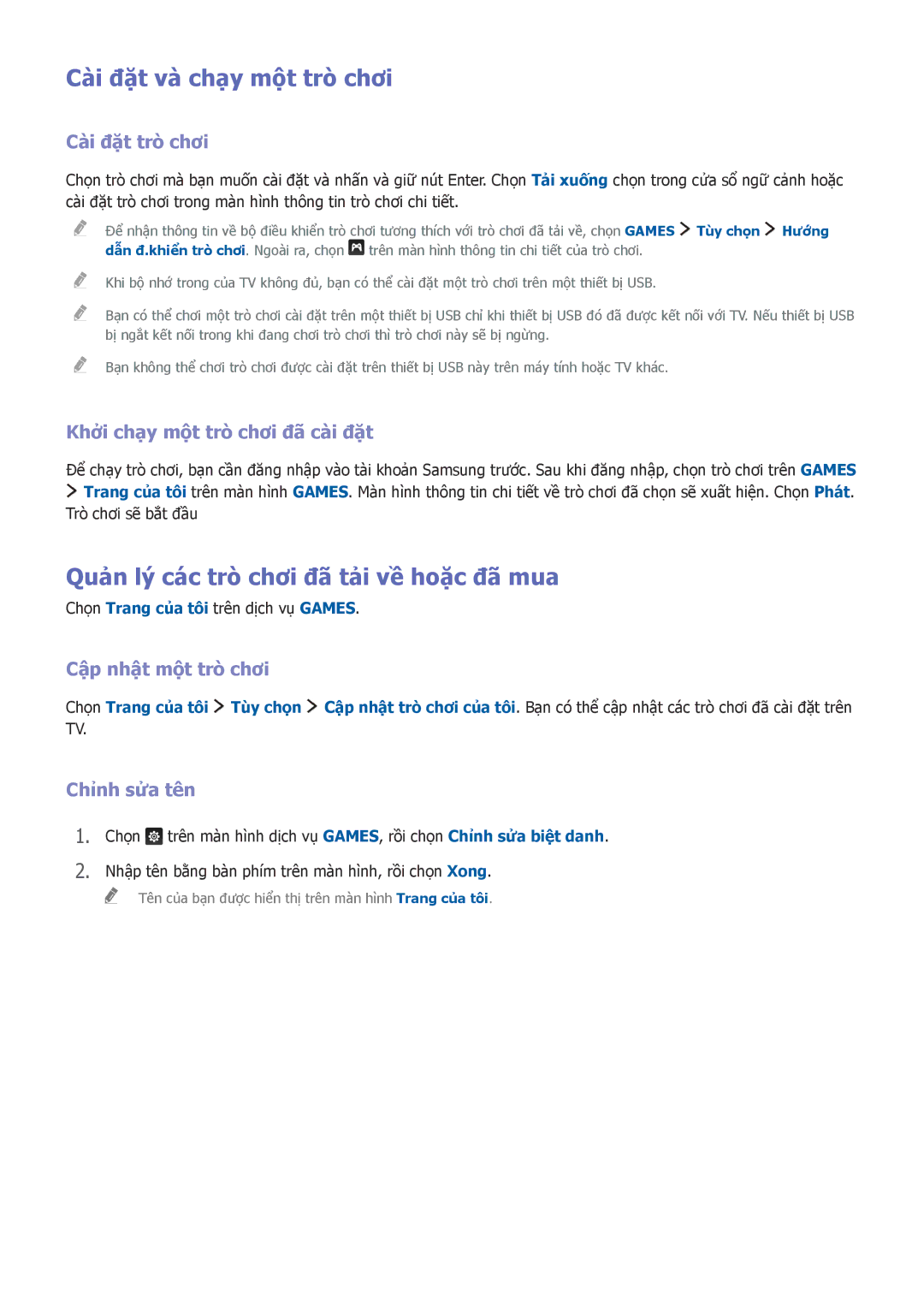 Samsung UA65JS9000KXXV, UA88JS9500KXXV manual Cài đặ̣t và chạy một trò chơi, Quản lý các trò chơi đã tải về hoặ̣c đã mua 