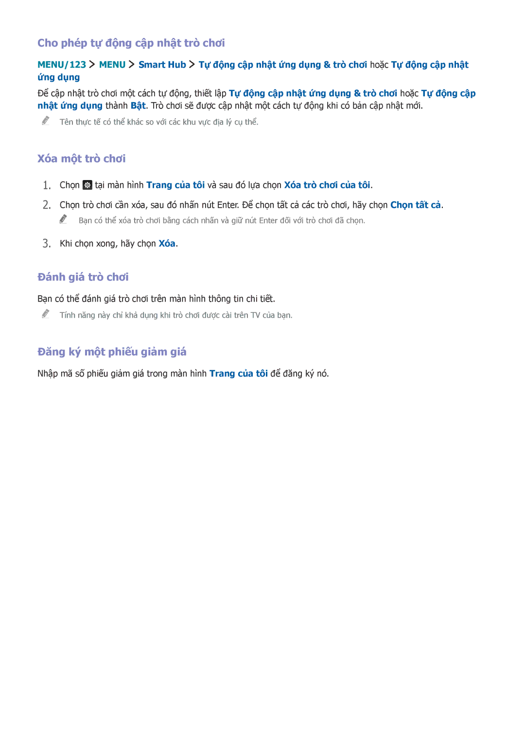 Samsung UA88JS9500KXXV, UA65JS9500KXXV manual Cho phé́p tự động cập nhật trò chơi, Xóa một trò chơi, Đánh giá trò chơi 