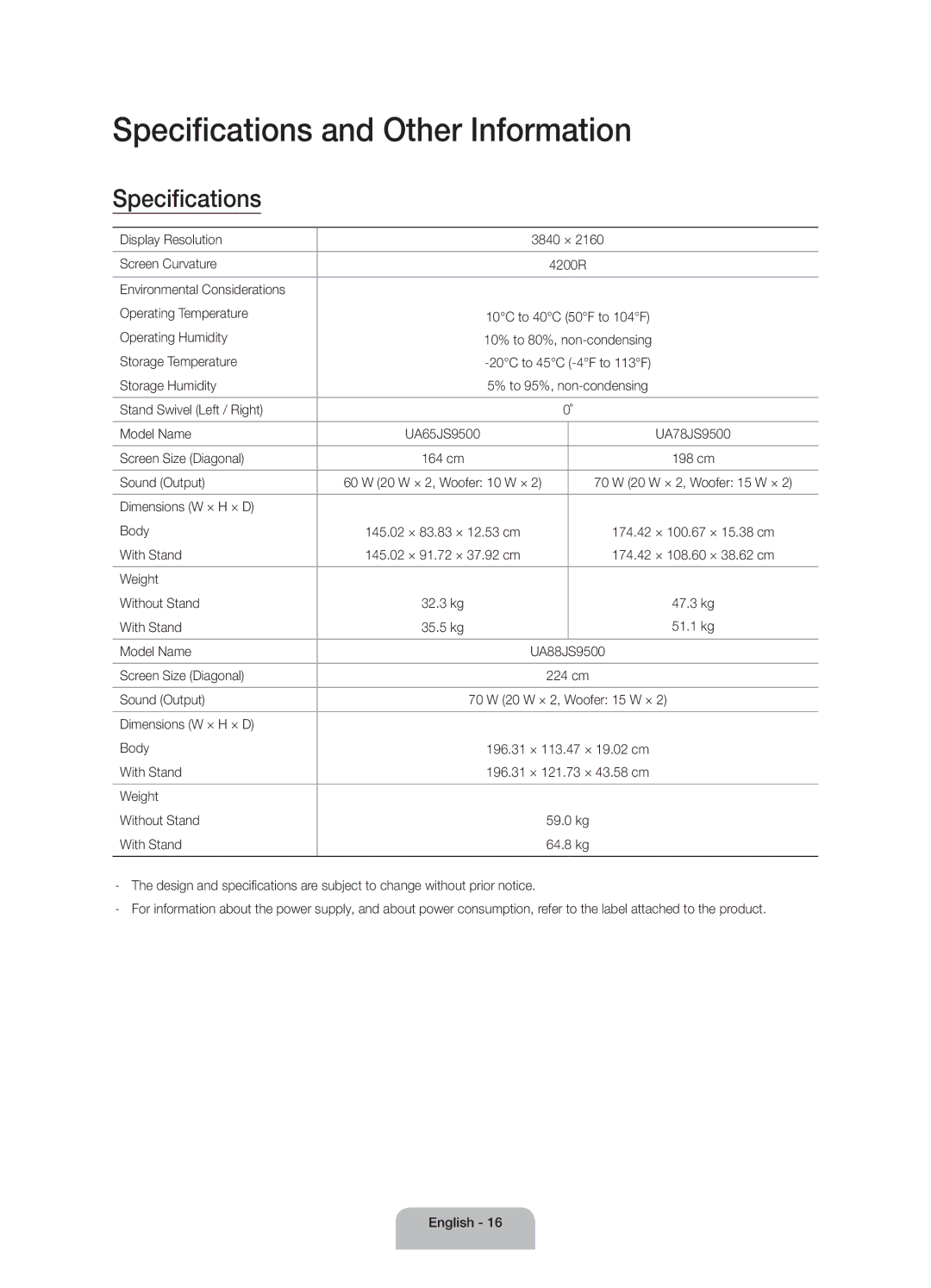 Samsung UA65JS9500KXXV, UA88JS9500KXXV, UA78JS9500KXXV manual Specifications and Other Information 