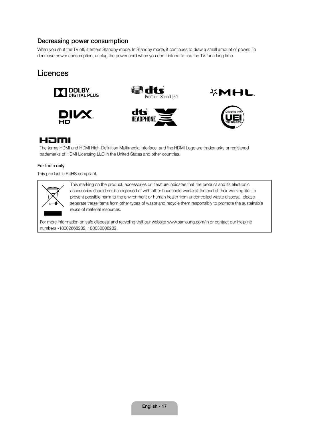 Samsung UA78JS9500KXXV, UA88JS9500KXXV, UA65JS9500KXXV manual Licences, Decreasing power consumption 