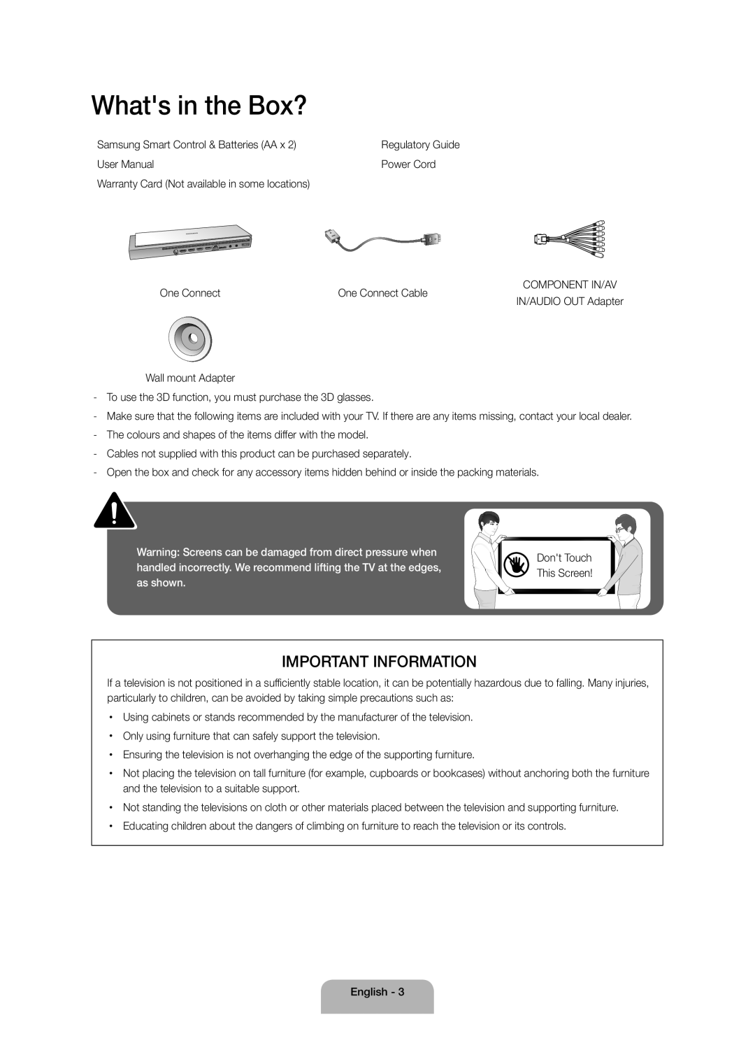 Samsung UA88JS9500KXXV, UA65JS9500KXXV, UA78JS9500KXXV manual Whats in the Box?, Important Information 