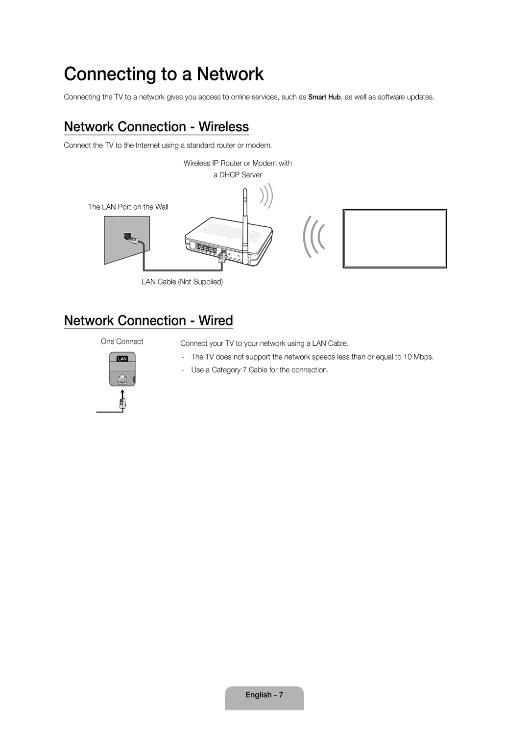 Samsung UA65JS9500KXXV, UA88JS9500KXXV manual Connecting to a Network, Network Connection Wireless, Network Connection Wired 