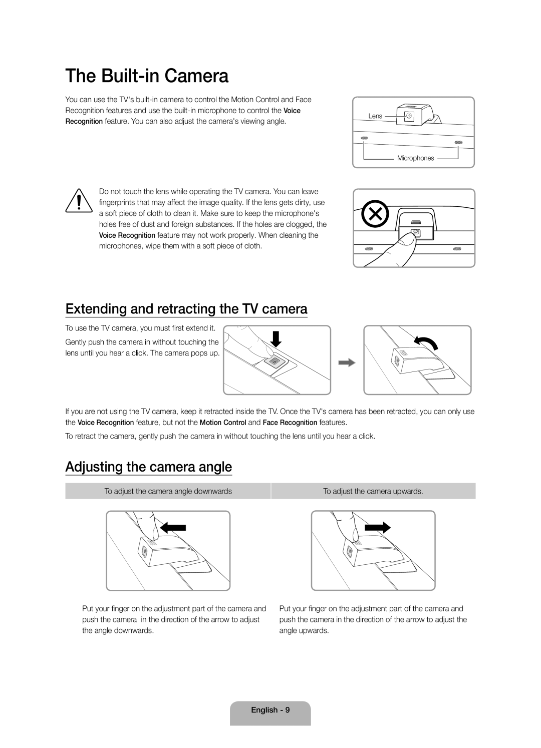 Samsung UA88JS9500KXXV, UA65JS9500KXXV Built-in Camera, Extending and retracting the TV camera, Adjusting the camera angle 