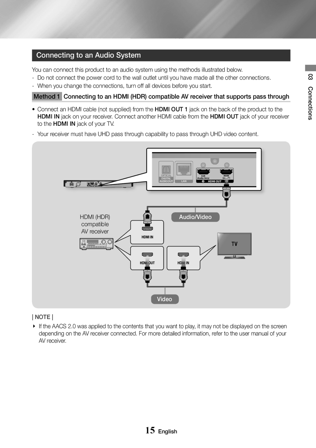 Samsung UBD-K8500/EN, UBD-K8500/ZF, UBD-K8500/XE manual Connecting to an Audio System 