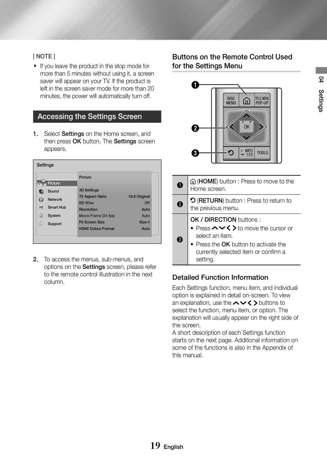 Samsung UBD-K8500/ZF, UBD-K8500/EN Accessing the Settings Screen, Buttons on the Remote Control Used for the Settings Menu 