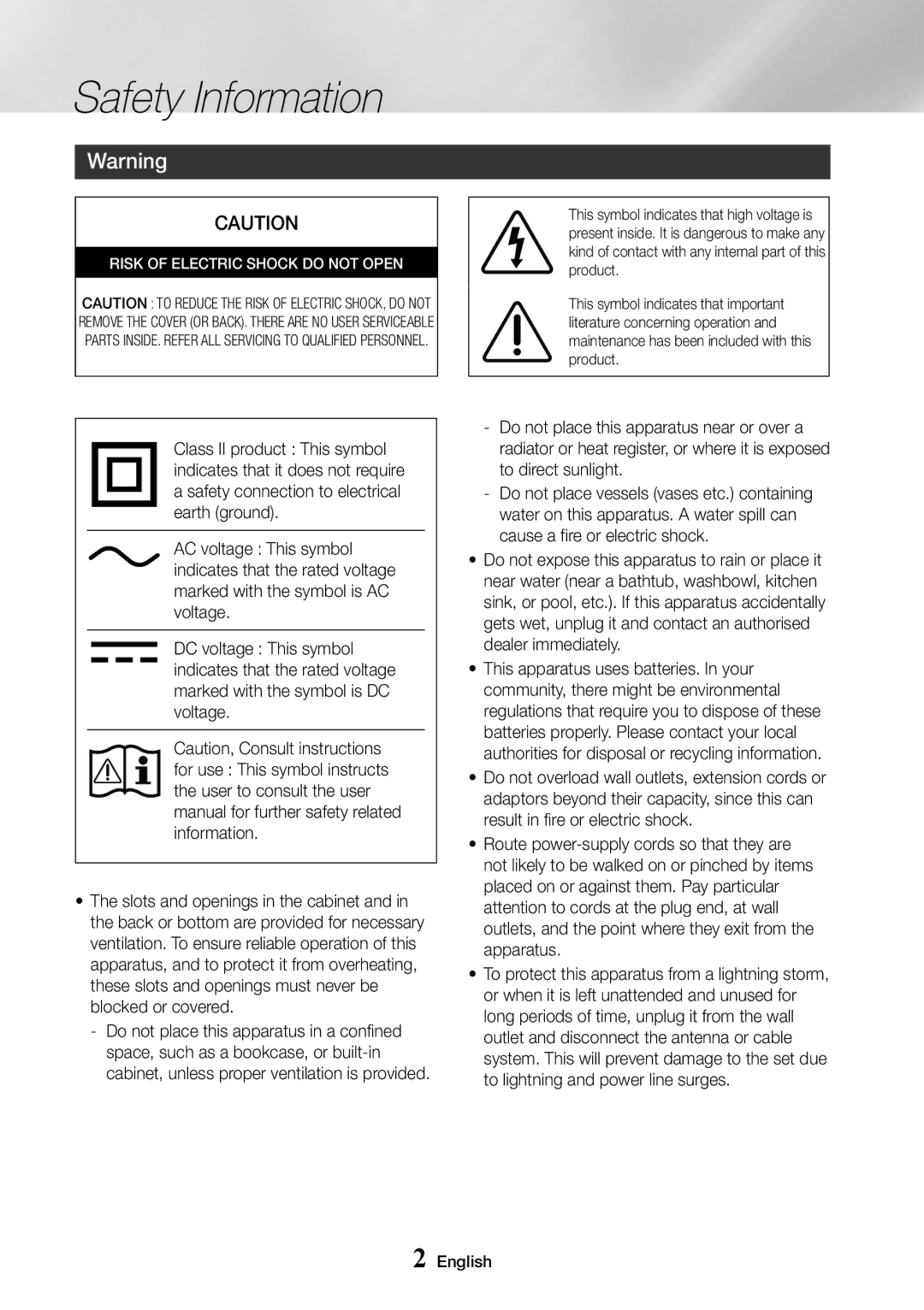 Samsung UBD-K8500/XE, UBD-K8500/EN, UBD-K8500/ZF manual Safety Information, Risk of Electric Shock do not Open 