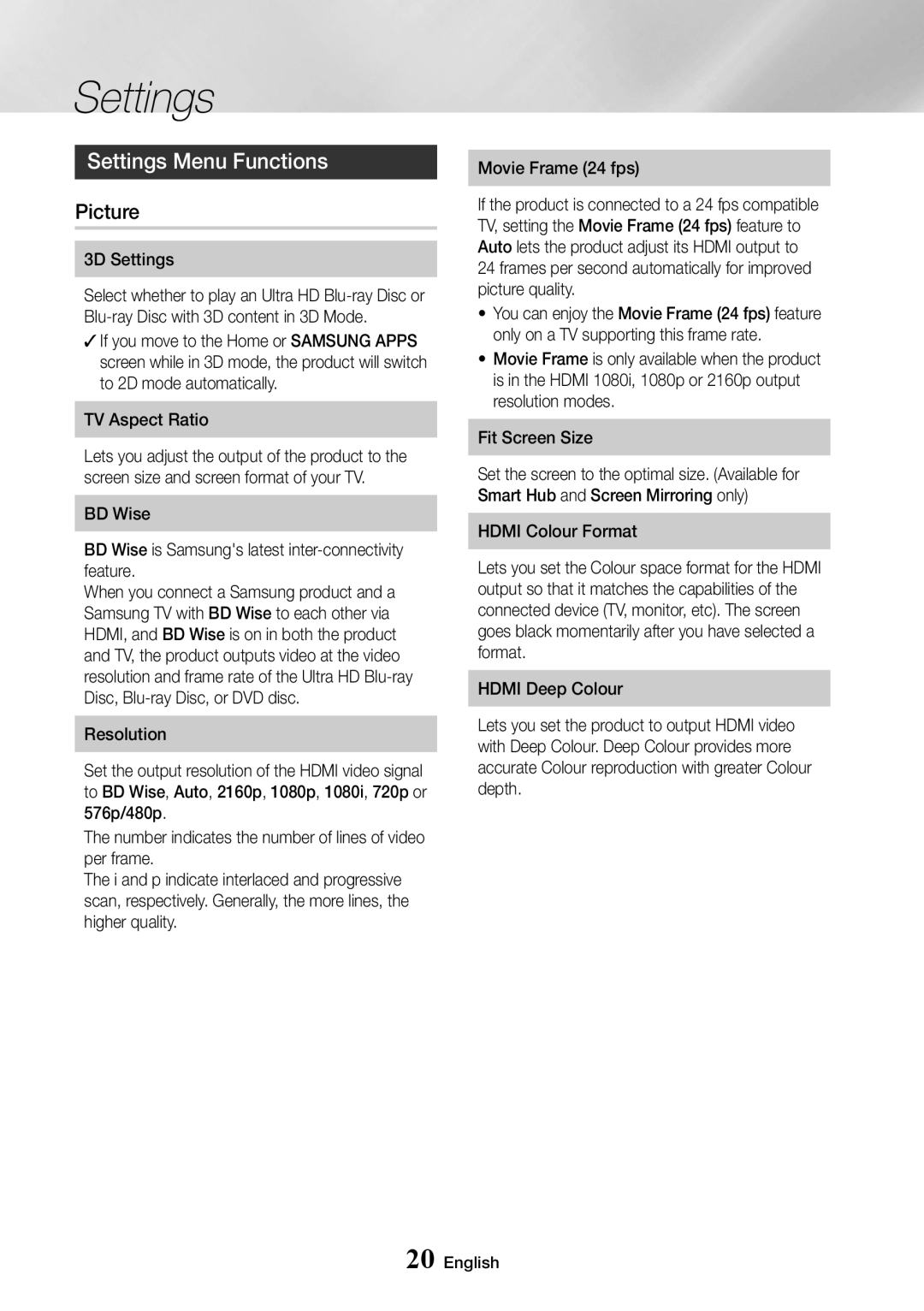 Samsung UBD-K8500/XE, UBD-K8500/EN manual Settings Menu Functions, Picture, 3D Settings, TV Aspect Ratio, Movie Frame 24 fps 