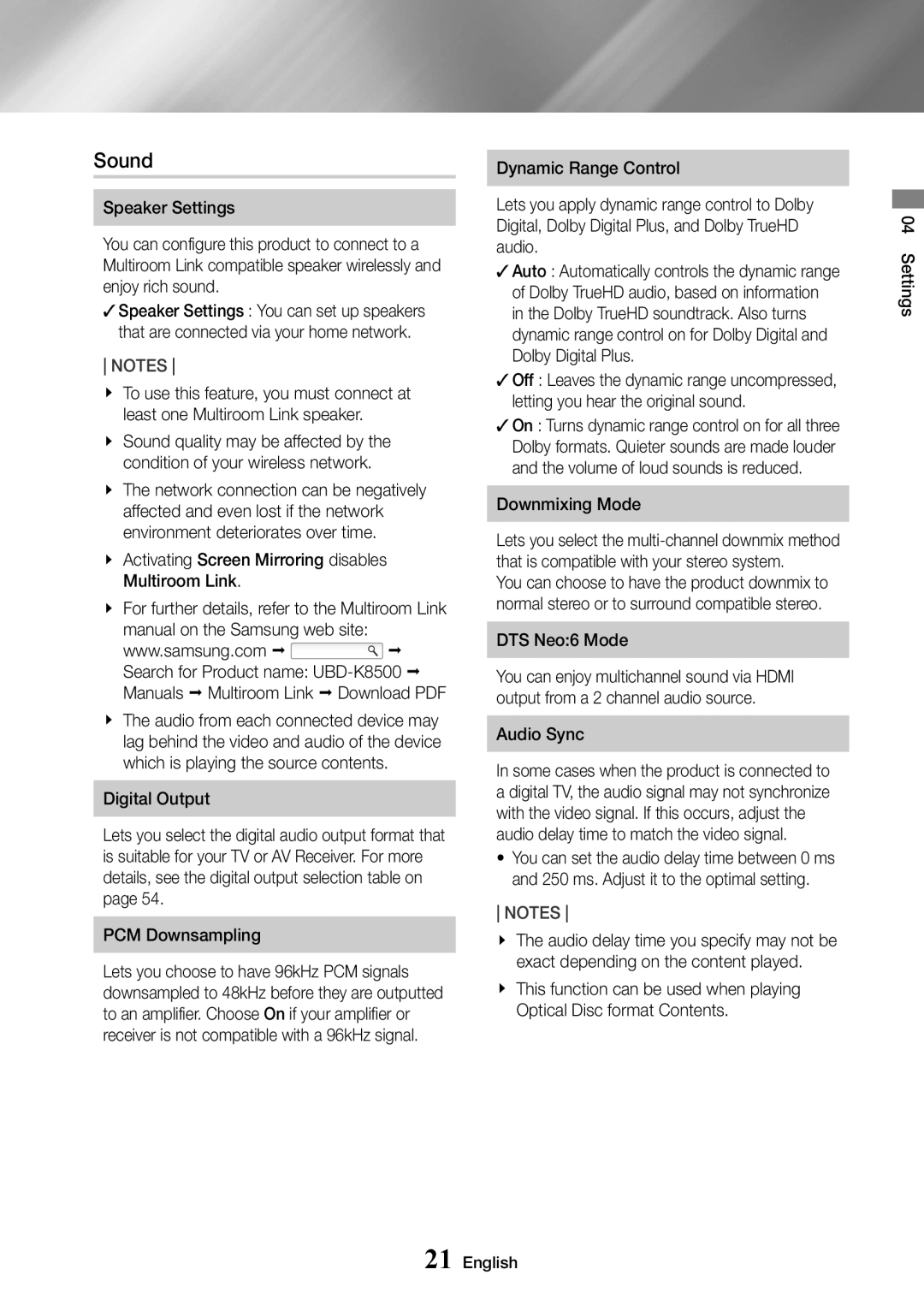 Samsung UBD-K8500/EN, UBD-K8500/ZF, UBD-K8500/XE manual Sound, Downmixing Mode 