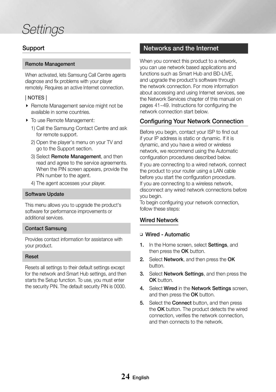 Samsung UBD-K8500/EN, UBD-K8500/ZF Support, Networks and the Internet, Configuring Your Network Connection, Wired Network 