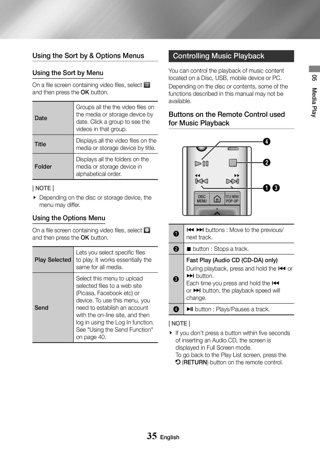 Samsung UBD-K8500/XE, UBD-K8500/EN Using the Sort by & Options Menus, Controlling Music Playback, Using the Sort by Menu 