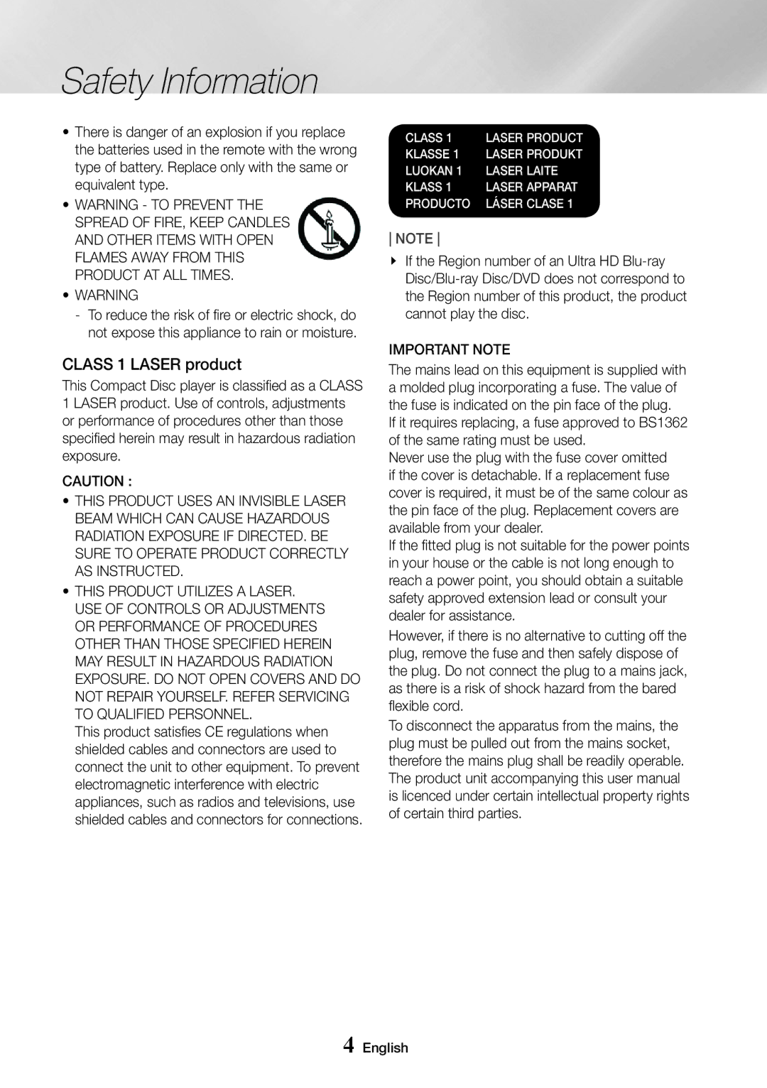 Samsung UBD-K8500/ZF, UBD-K8500/EN, UBD-K8500/XE manual Class 1 Laser product, Important Note 