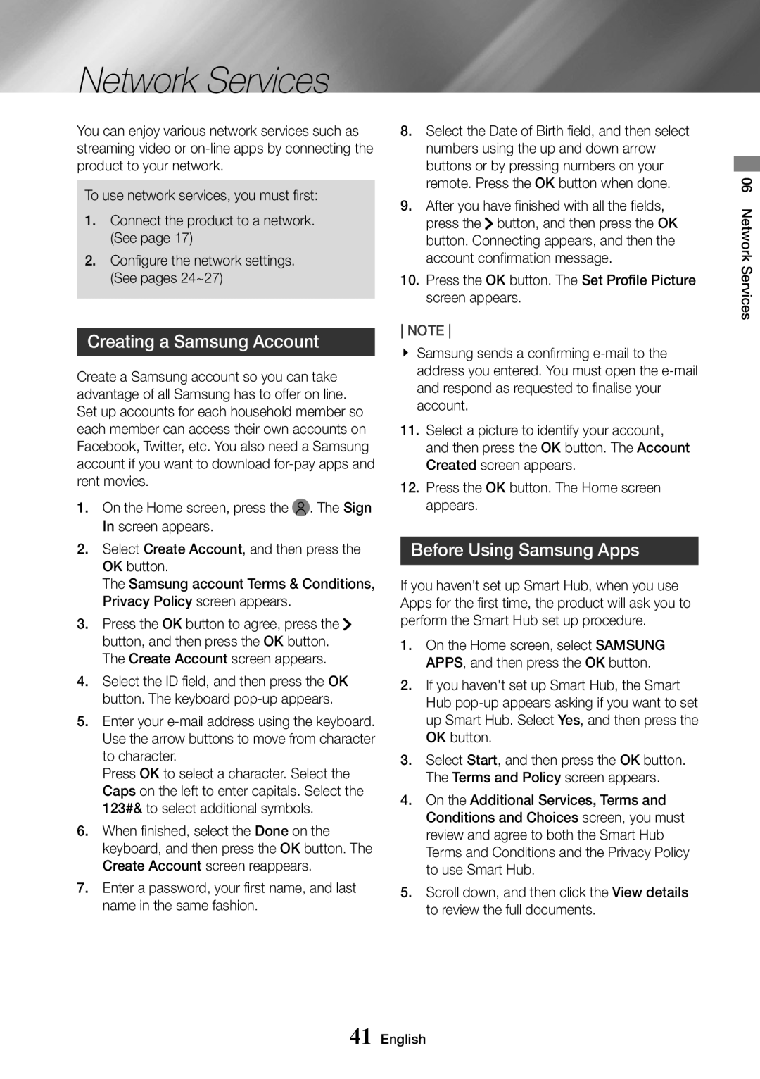 Samsung UBD-K8500/XE, UBD-K8500/EN, UBD-K8500/ZF Network Services, Creating a Samsung Account, Before Using Samsung Apps 