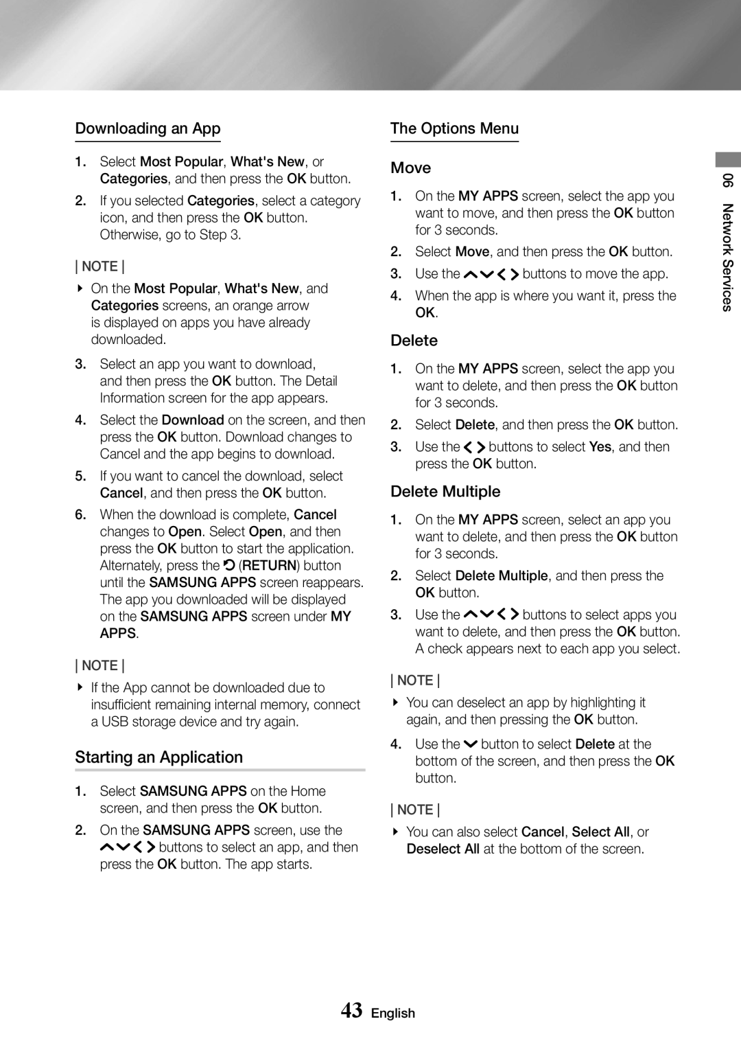 Samsung UBD-K8500/ZF, UBD-K8500/EN Starting an Application, Downloading an App, Options Menu Move, Delete Multiple 