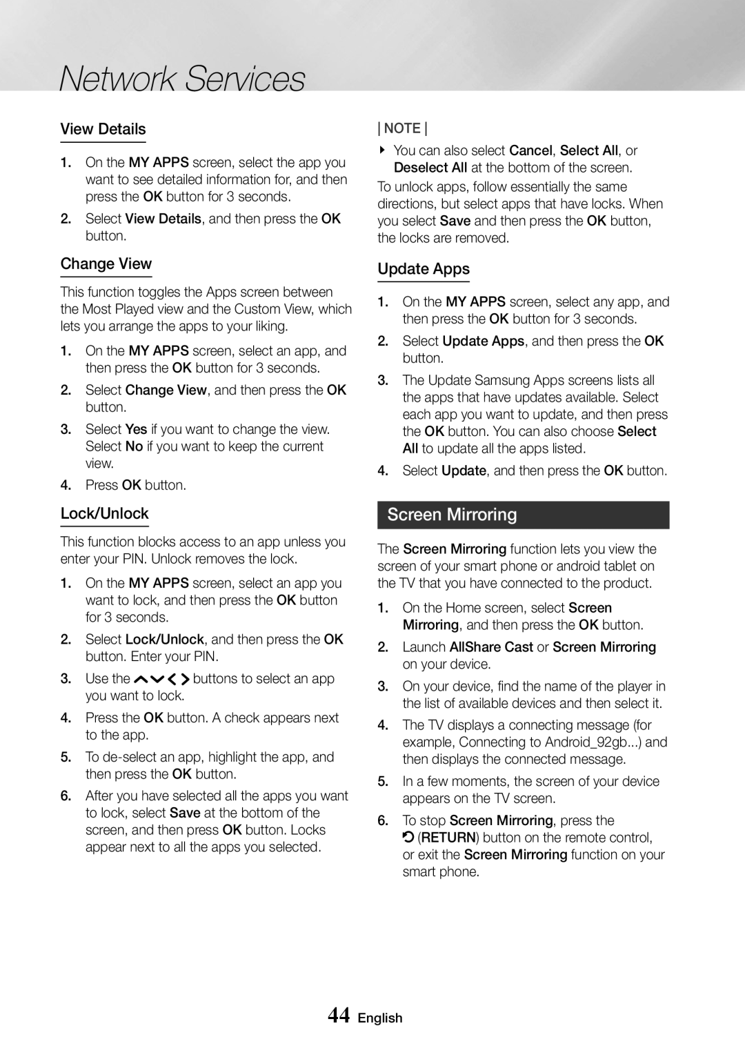 Samsung UBD-K8500/XE, UBD-K8500/EN, UBD-K8500/ZF manual Screen Mirroring, View Details, Change View, Lock/Unlock, Update Apps 